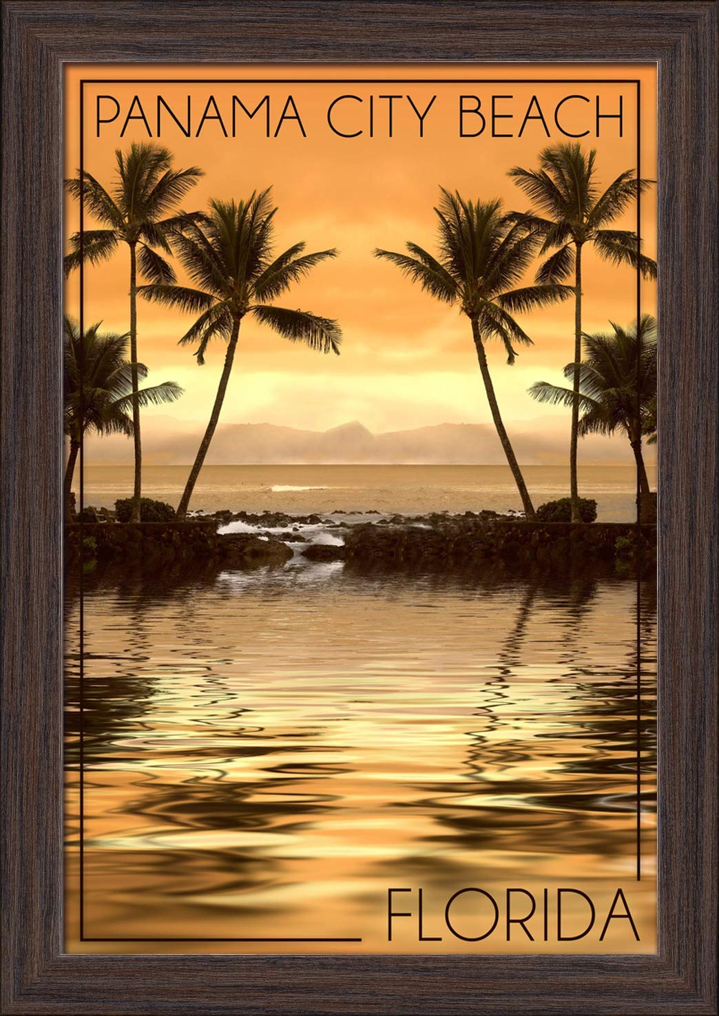 12x18 Giclee Fine Art Print - Florida Panama City Beach Sunset with Palm Trees in Recycled Wood Frame (Espresso Brown) - Perfect for Beach House Decor, Coastal Living Room Wall Art & Tropical Home Office