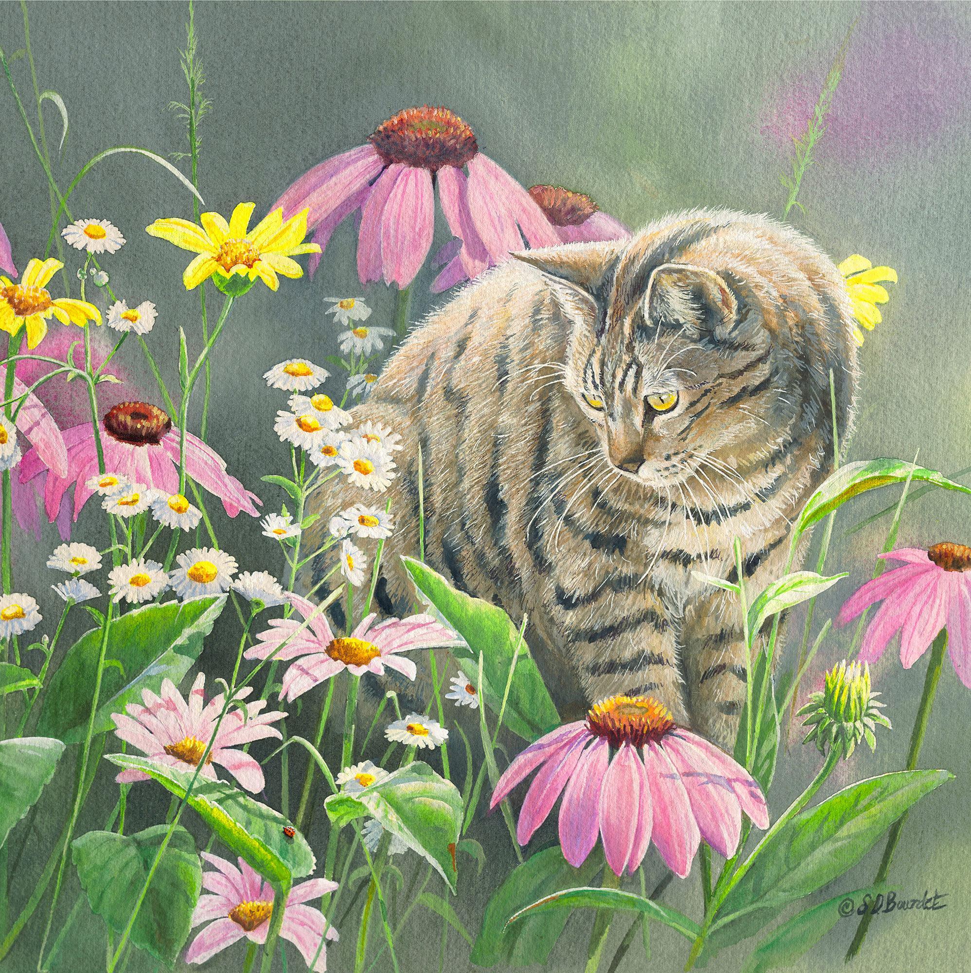 Wildflowers Cat Art Print - Handmade Paper Wall Decor for Home, Office & Nursery | Perfect Gift for Cat Lovers & Nature Enthusiasts