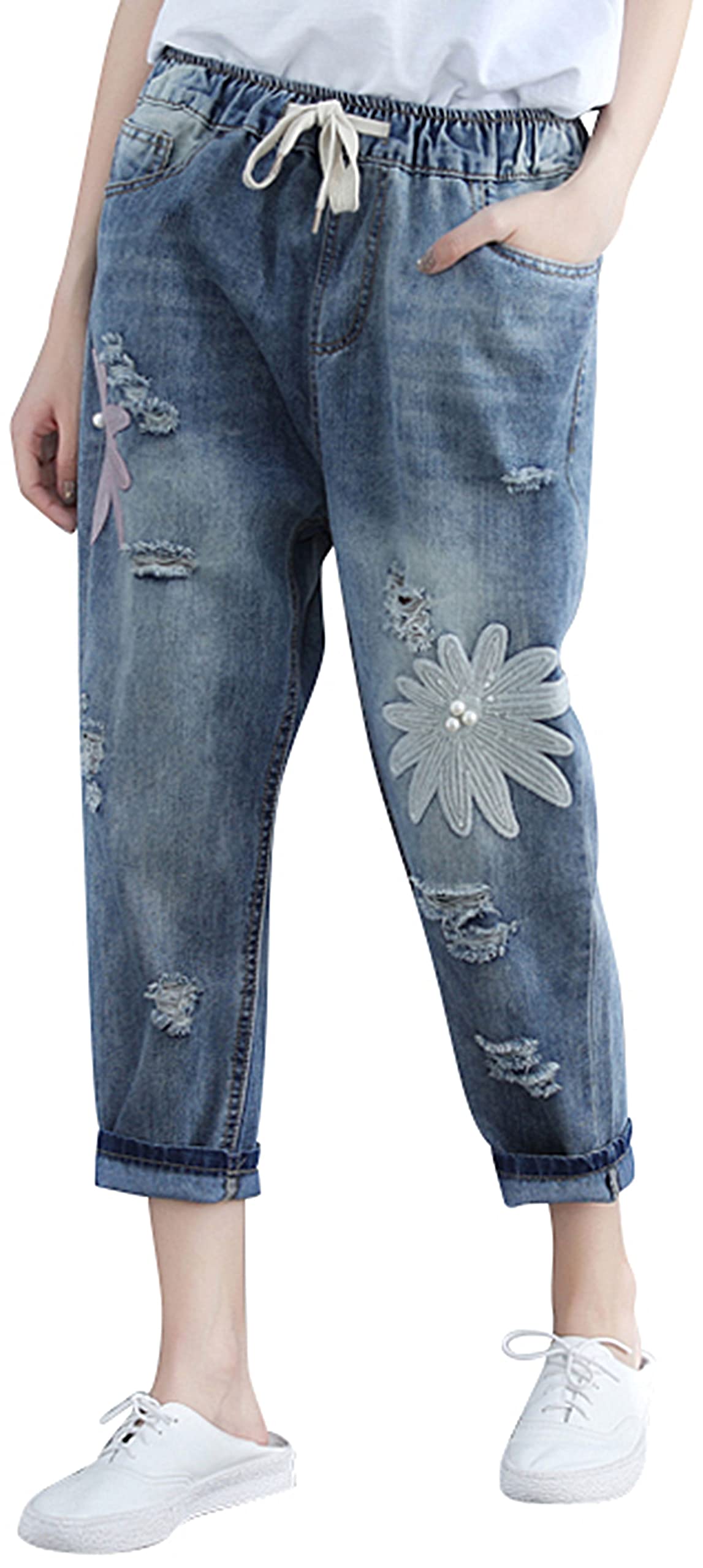 LAI MENG FIVE CATS Women's High Waisted Loose Fit Harem Jeans - Stretchy Denim Pants with Elastic Waistband for Casual Wear, Yoga & Travel