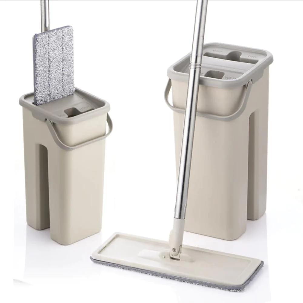 Hands-Free Flat Squeeze Mop with Bucket Wringer Set - Lightweight Floor Cleaning System for Hardwood, Tile & Laminate - Perfect for Home, Kitchen & Bathroom Cleaning
