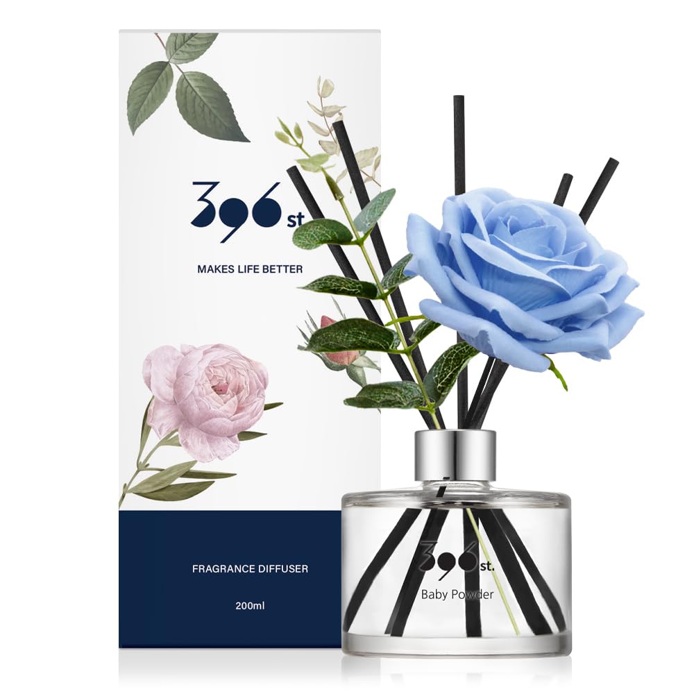 396 St. Rose Flower Reed Diffuser Set - Baby Powder Scent (Refreshing Air Fragrance) 200ml (6.7oz) - Aromatherapy Home & Bathroom Decor - Perfect for Living Rooms, Bedrooms, and Office Spaces
