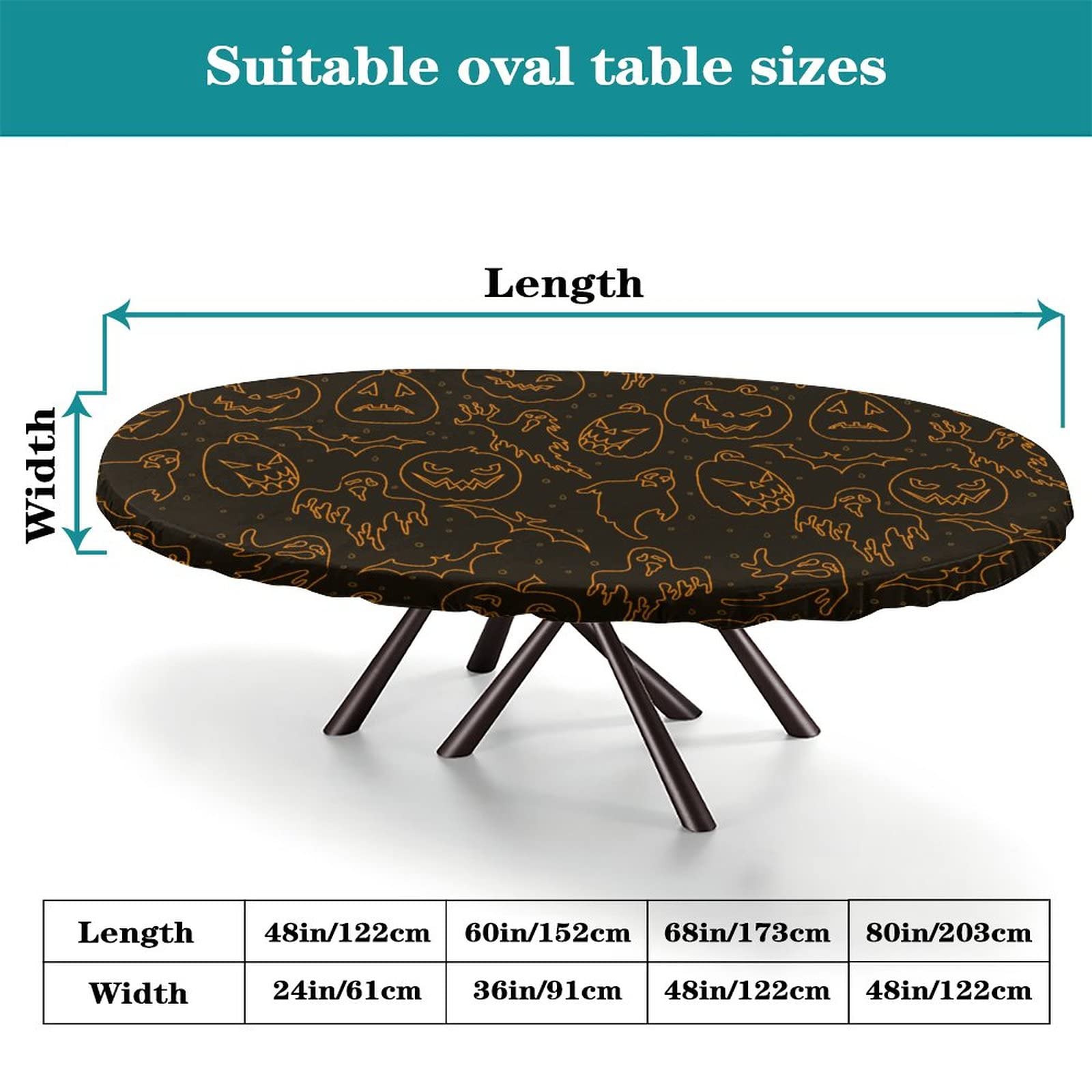 Halloween Pumpkin Elastic Edge Fitted Tablecloth - Windproof Polyester Oval Table Cover for Indoor Restaurant & Outdoor Terrace (Fits 36x60 Inches) - Perfect for Halloween Parties, Fall Decor & Dining Table Settings