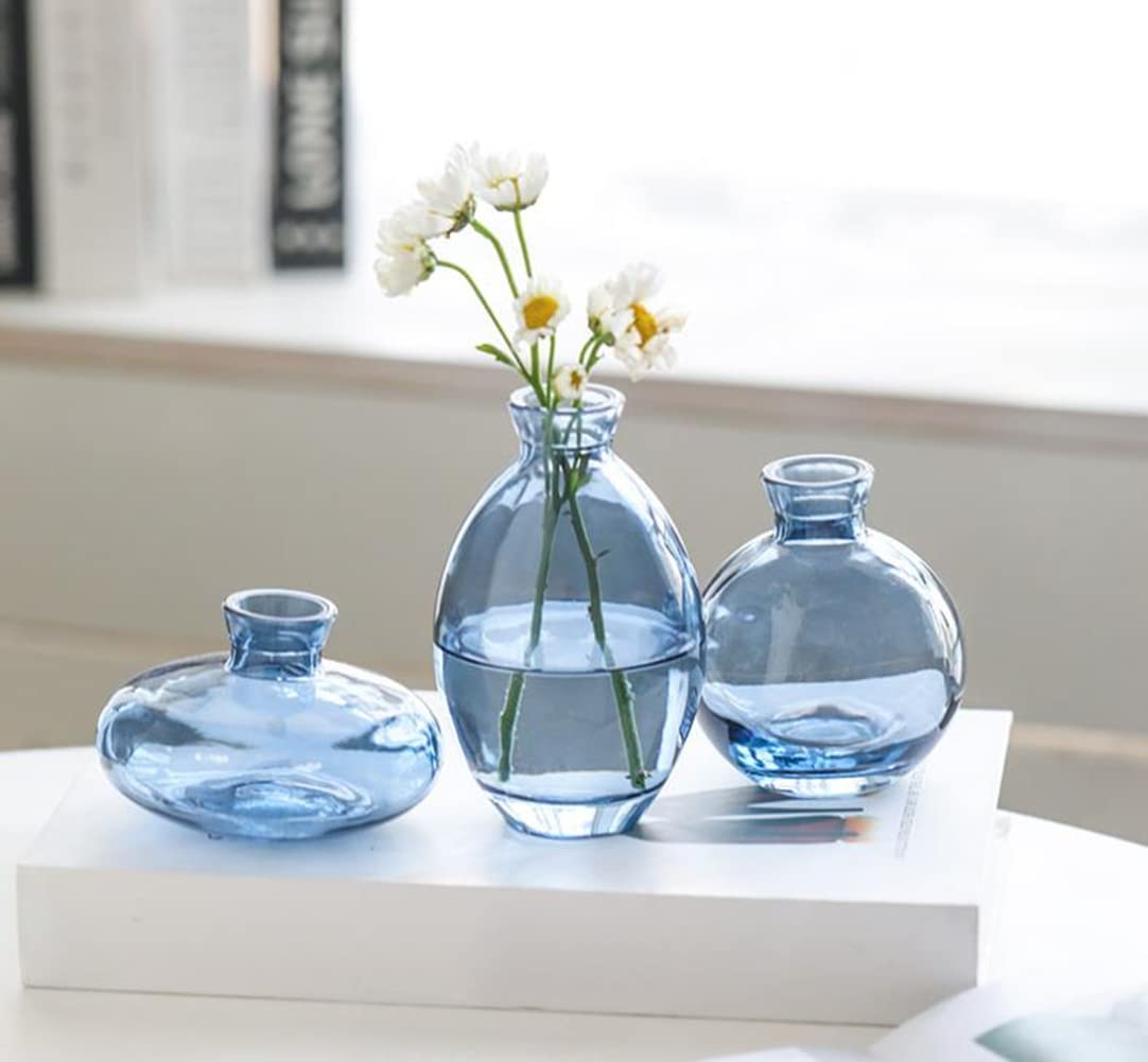 Glass Bud Vase Set of 3 - Mini Flower Vases for Home Decor, Modern Blue Glass Vases for Table Centerpiece, Wedding, Party & Office Decoration