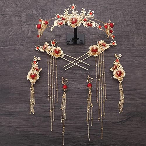 Chinese Style Red Tiara Earrings with Tassel Crown - Elegant Bride Wedding Hair Accessories for Traditional Ceremonies & Cultural Events