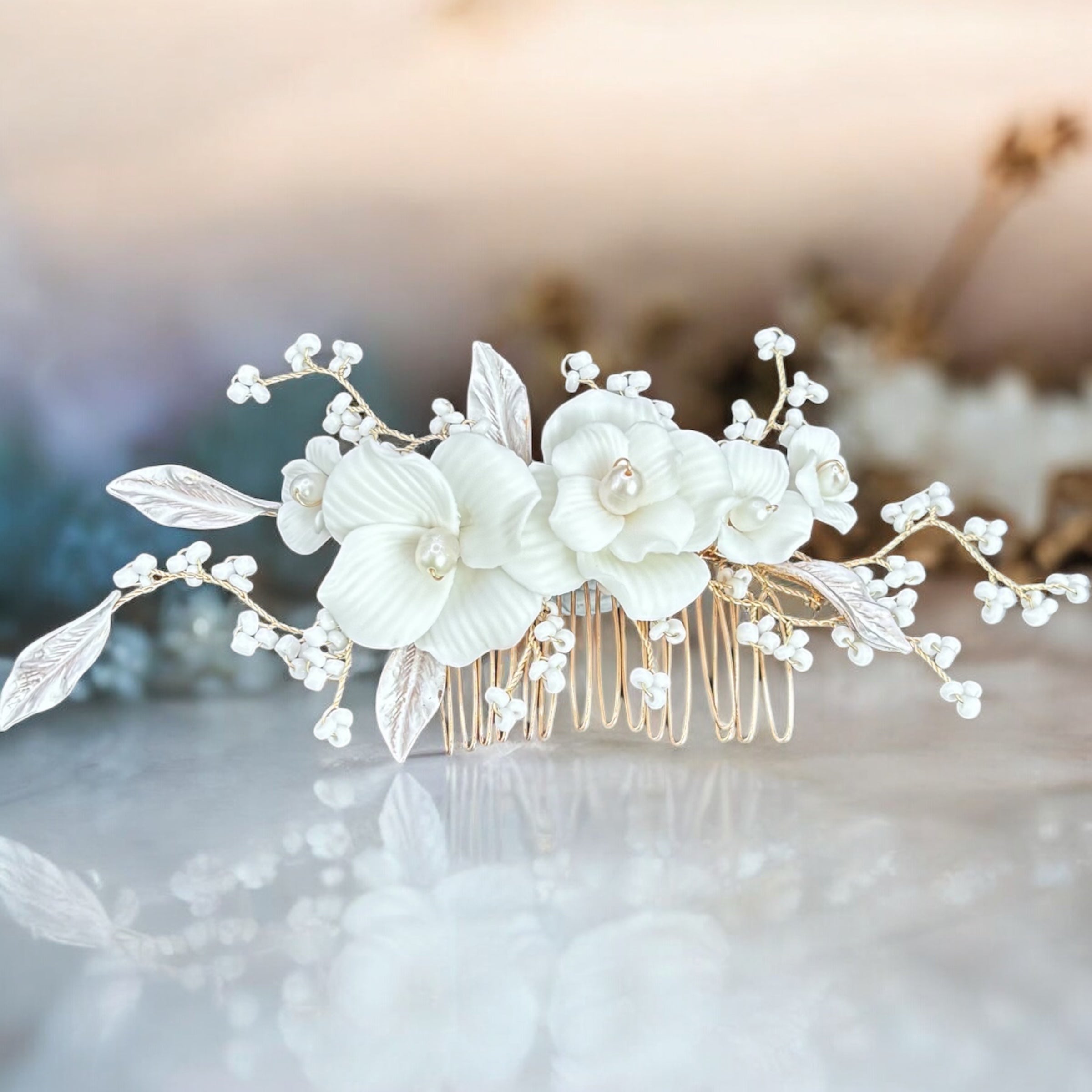 Elegant Gold Floral Bridal Hair Comb with Pearl Embellishments - Perfect for Weddings, Prom & Special Occasions | TT1076