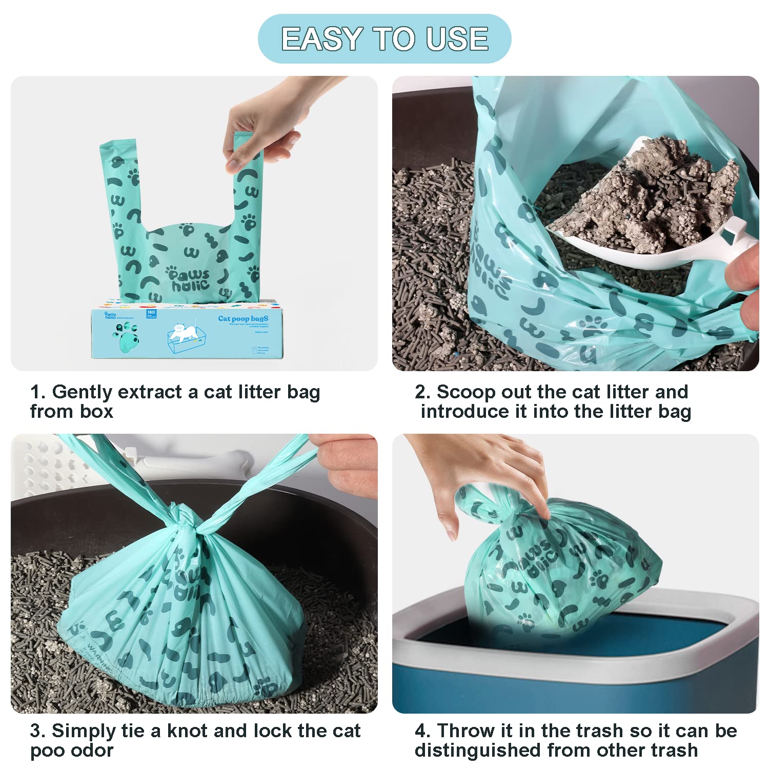 Eco-Friendly Cornstarch Cat Poop Bags with Handles - 180 Count Extra Thick Leak Proof Pet Waste Bags | Lavender Scented Biodegradable Dog & Cat Litter Bags for Easy Cleanup at Home, Park or Travel