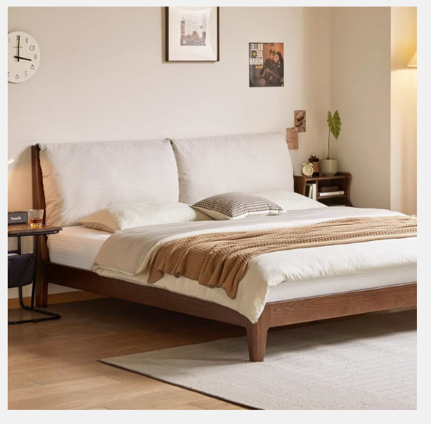 Solid Oak Wood Bed Frame with Soft Fabric Upholstered Headboard - Queen Size, Modern Minimalist Design for Bedroom, Guest Room, or Dorm