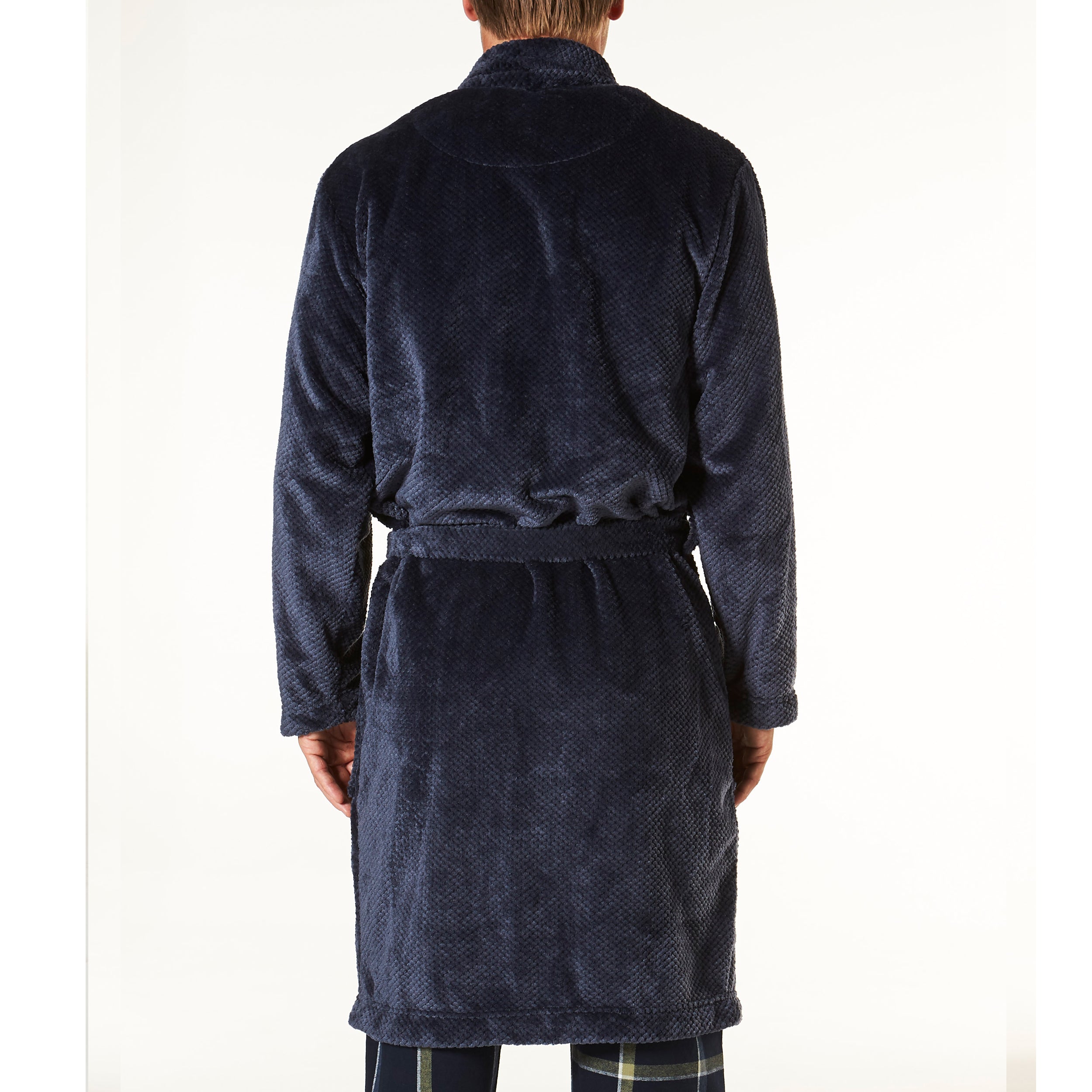 Men's Waffle Texture Coral Fleece Robe - Soft & Warm Navy Blue Bathrobe for Winter - Perfect for Lounging, Spa Days & Cozy Evenings at Home