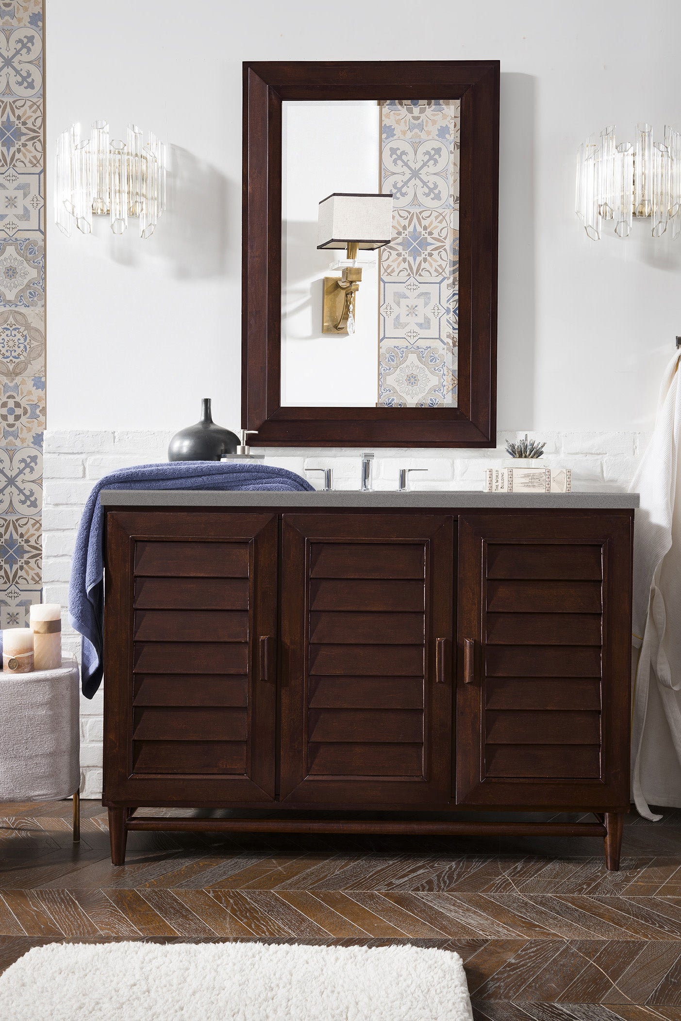 Portland 48 Inch Single Bathroom Vanity with Burnished Mahogany Finish & 3CM Gray Expo Quartz Countertop - Perfect for Modern Home Bathroom Renovation and Space-Saving Design