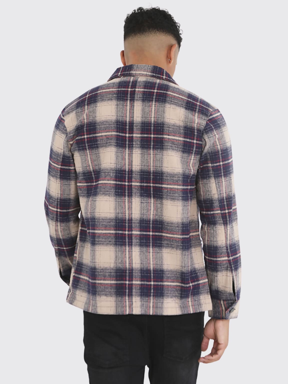 Brave Soul Men's Navy Beige Brushed Cotton Overshirt Jacket - Casual Button-Up Shirt for Layering, Outdoor & Streetwear Fashion