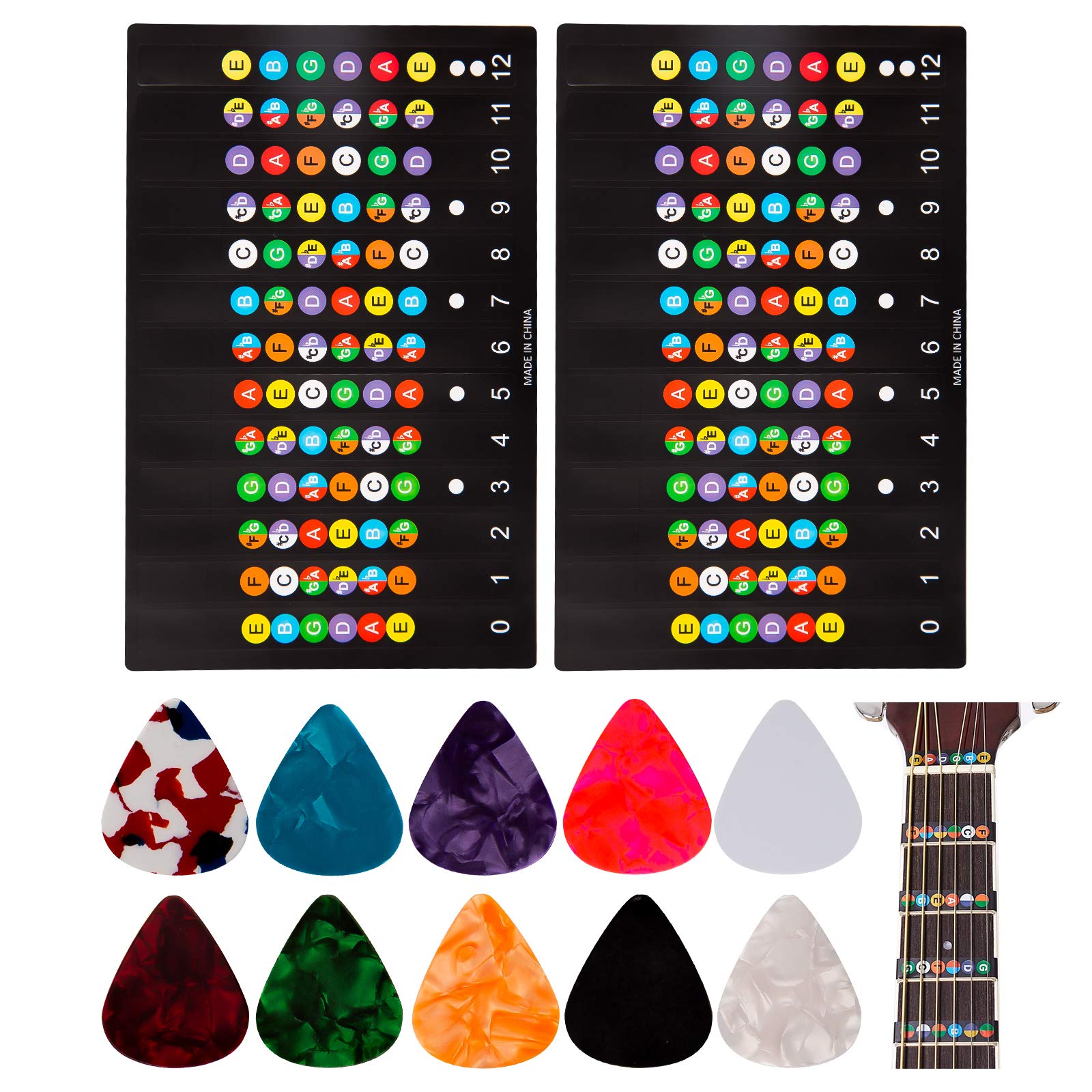 LUTER 2-Piece Guitar Fingerboard Stickers with 10 Guitar Picks & 6 Acoustic Strings - Beginner Fretboard Note Decals for Easy Learning | Perfect for Practice, Lessons & Home Music Sessions