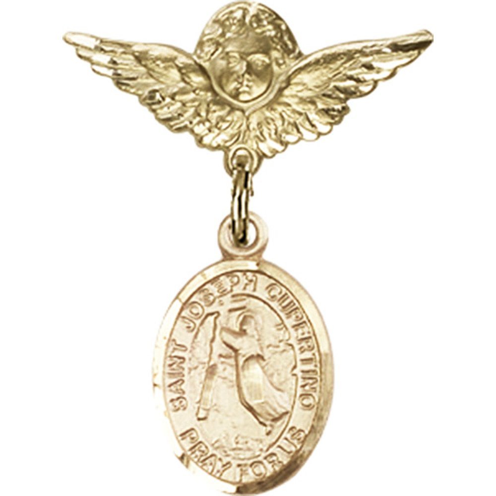 St. Joseph of Cupertino Gold Filled Baby Badge with Angel Wing Charm - 1