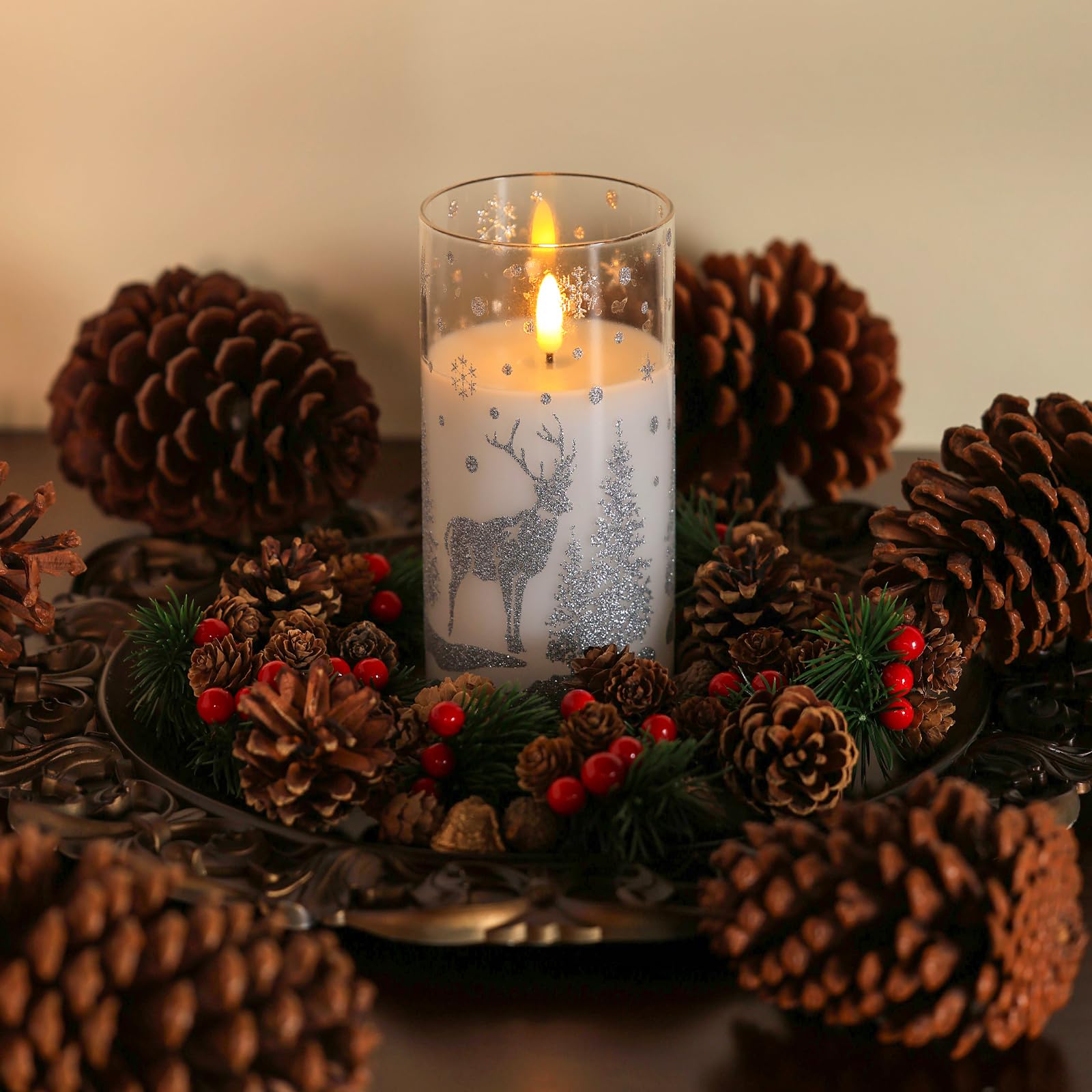 Real Wax LED Flameless Candles with Remote Control - Battery Operated Flickering Candles with Silver Trees & Deer Snowflake Design, Set of 3 - Perfect for Christmas Decor, Holiday Parties & Winter Wonderland Home Decor