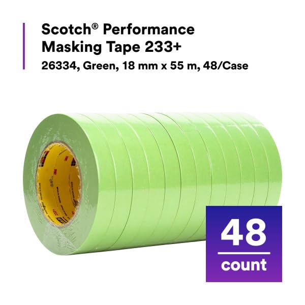 3M Scotch Performance Masking Tape 233+ (26334) - 18mm x 55m Green Painters Tape | Flexible, Moisture Resistant, Premium Paper Backing | 48 Rolls Pack | Ideal for Painting, DIY Projects & Home Renovations