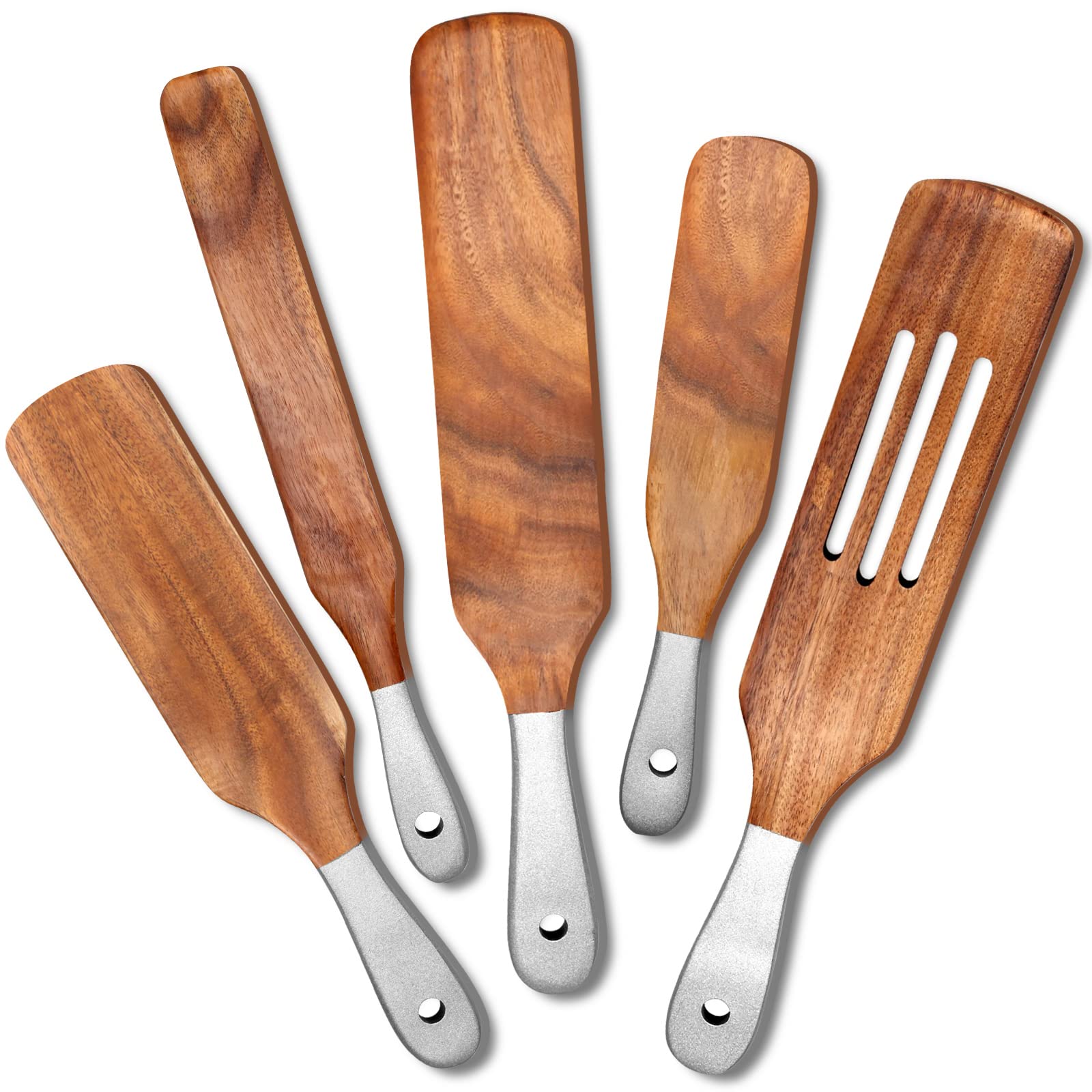 5-Piece Acacia Wood Spurtle Set - Non-Stick Wooden Spatula for Mixing, Baking & Cooking - Includes Cake Spatula, Serving Spoons & Slotted Turner - Perfect for Kitchen, Baking & Cake Decorating