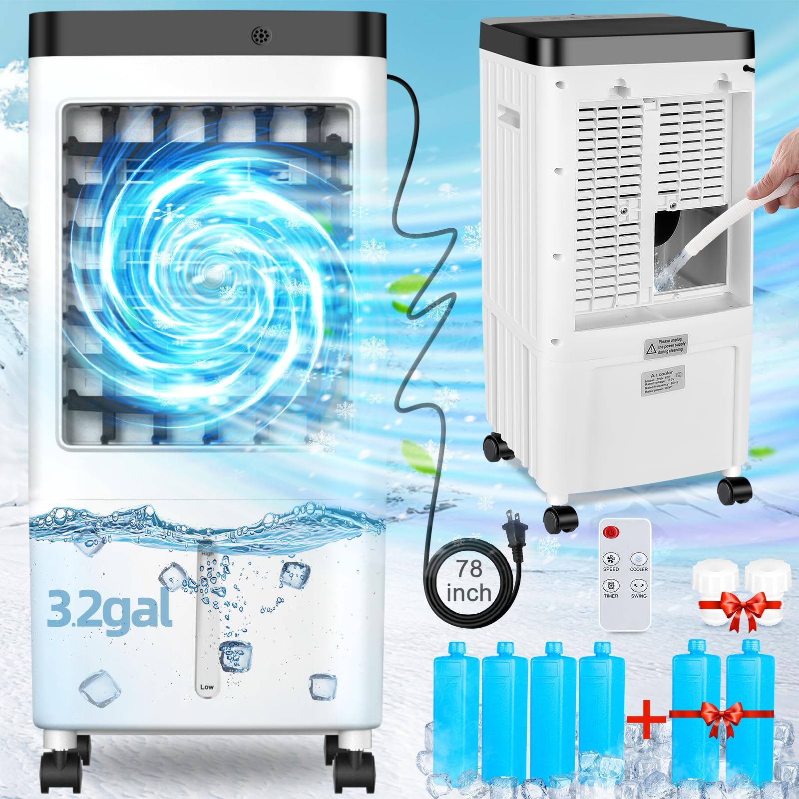 2024 Upgraded Portable Air Conditioner Windowless - 3 in 1 Evaporative Cooler with 3.2 Gallon Water Tank, Timer, 3 Speed Settings & 90° Oscillation - Perfect for Bedroom, Kitchen, Garage & Office Cooling | Energy Efficient Personal AC Unit for Summer