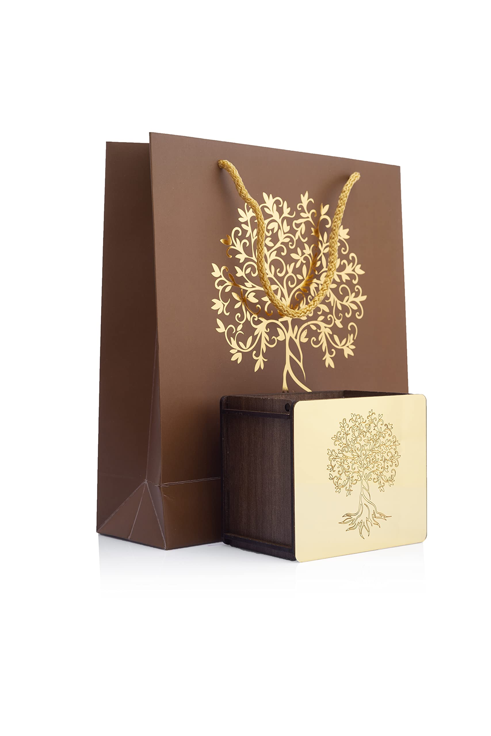Lucce Wooden Ring Box for Proposal - Slim Small Engagement Ring Box with Golden Mirror Effect & Tree of Life Pattern - Rustic Wedding Decor for Ceremony, Jewelry Gift Box - Wooden Storage Box for Engagement, Wedding, Anniversary & Special Occasions