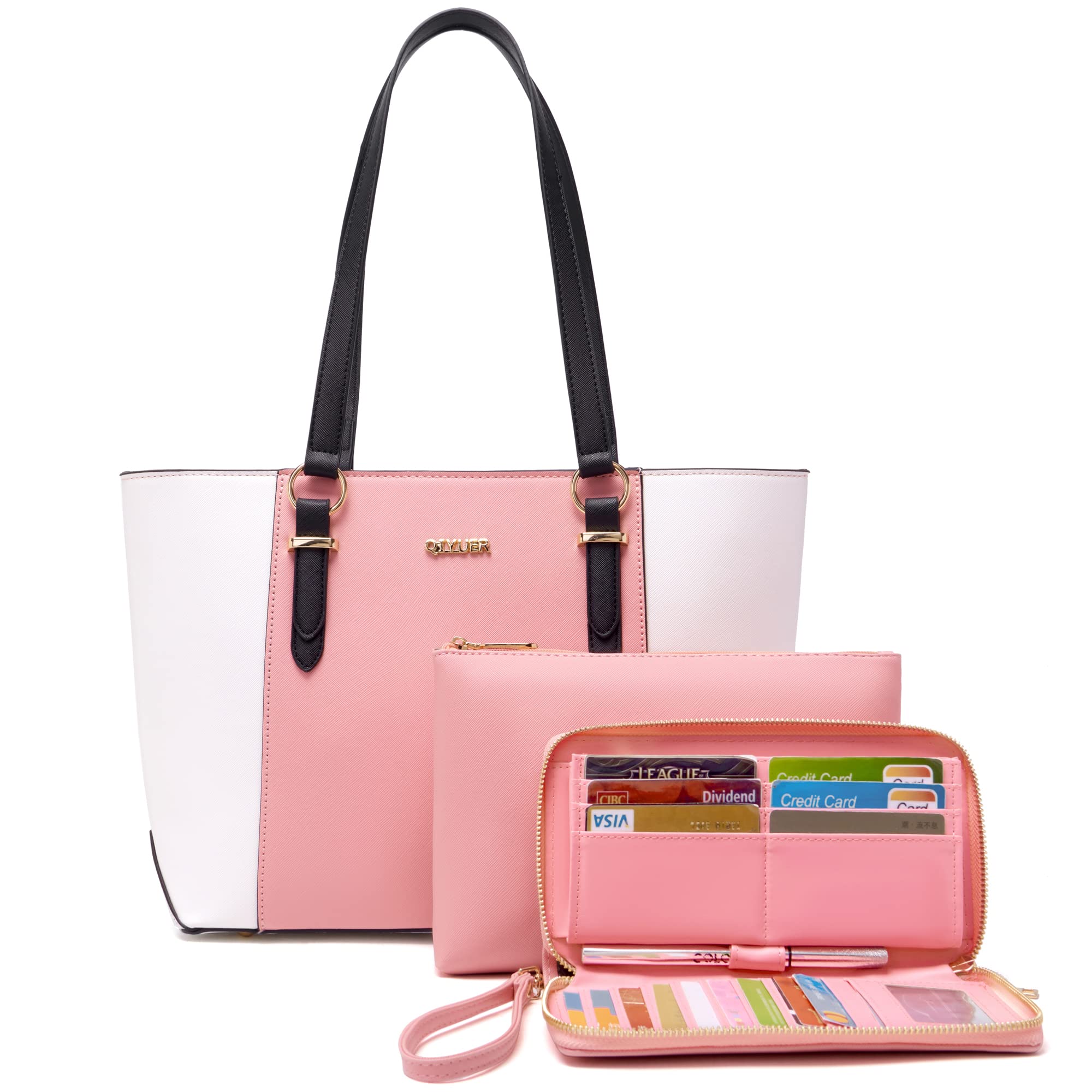 Qiyuer Women's Leather Handbag Set - Shoulder Bag, Tote & Matching Wallet (3pcs) - Stylish Work Purse for Office, Travel & Everyday Use