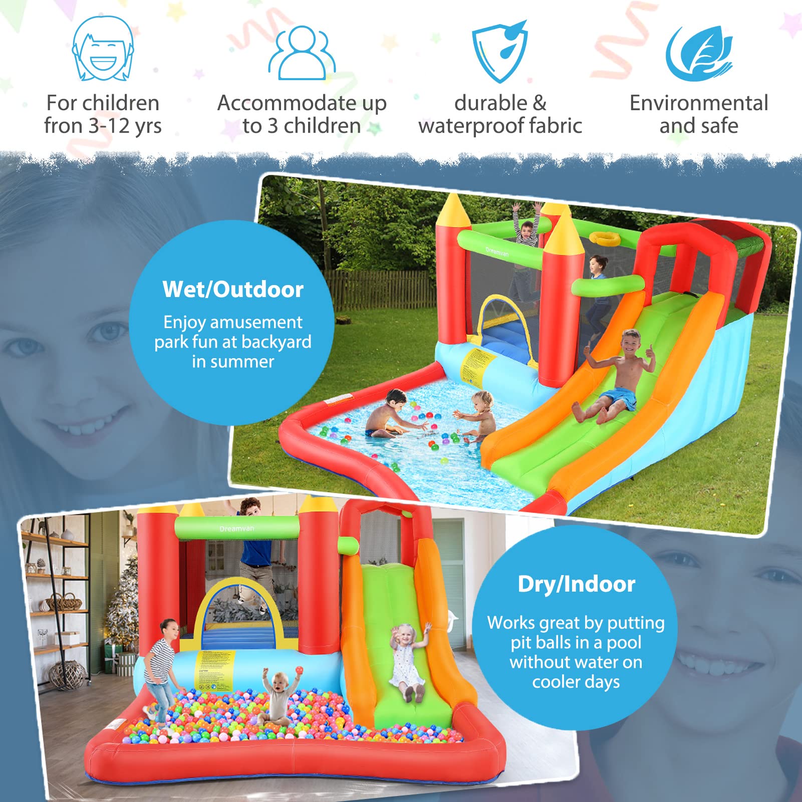 Inflatable Bounce House for Kids 3-12 - Outdoor/Indoor Bouncy Castle with Blower, Water Slide, Climbing Wall & Ball Pit - 146