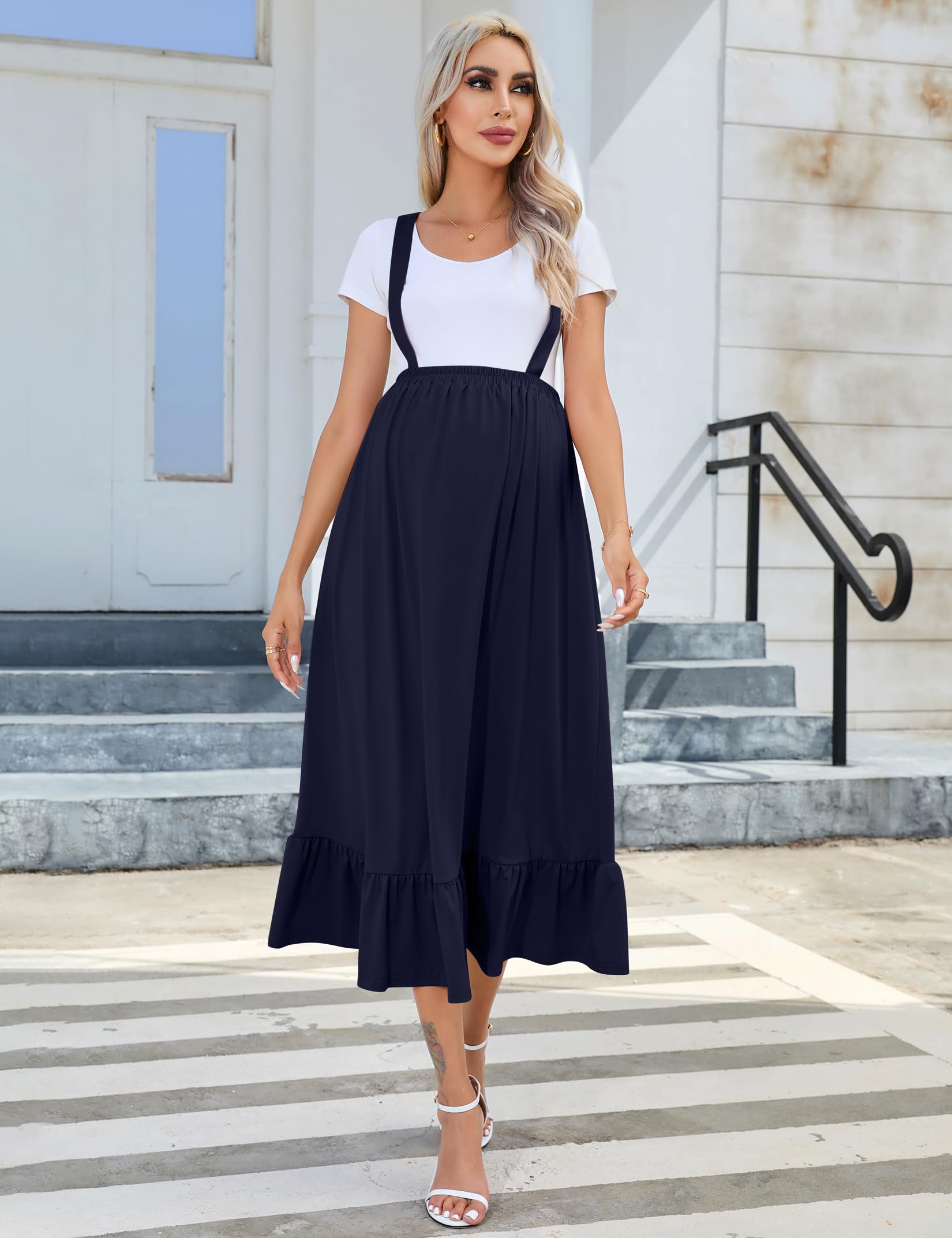 KOJOOIN Women's Maternity Maxi Skirt - High Waisted Flowy Ruffle Suspender Long Skirt for Pregnancy, Casual Fall Dress in Navy Blue | Perfect for Maternity Photos, Baby Showers & Everyday Comfort