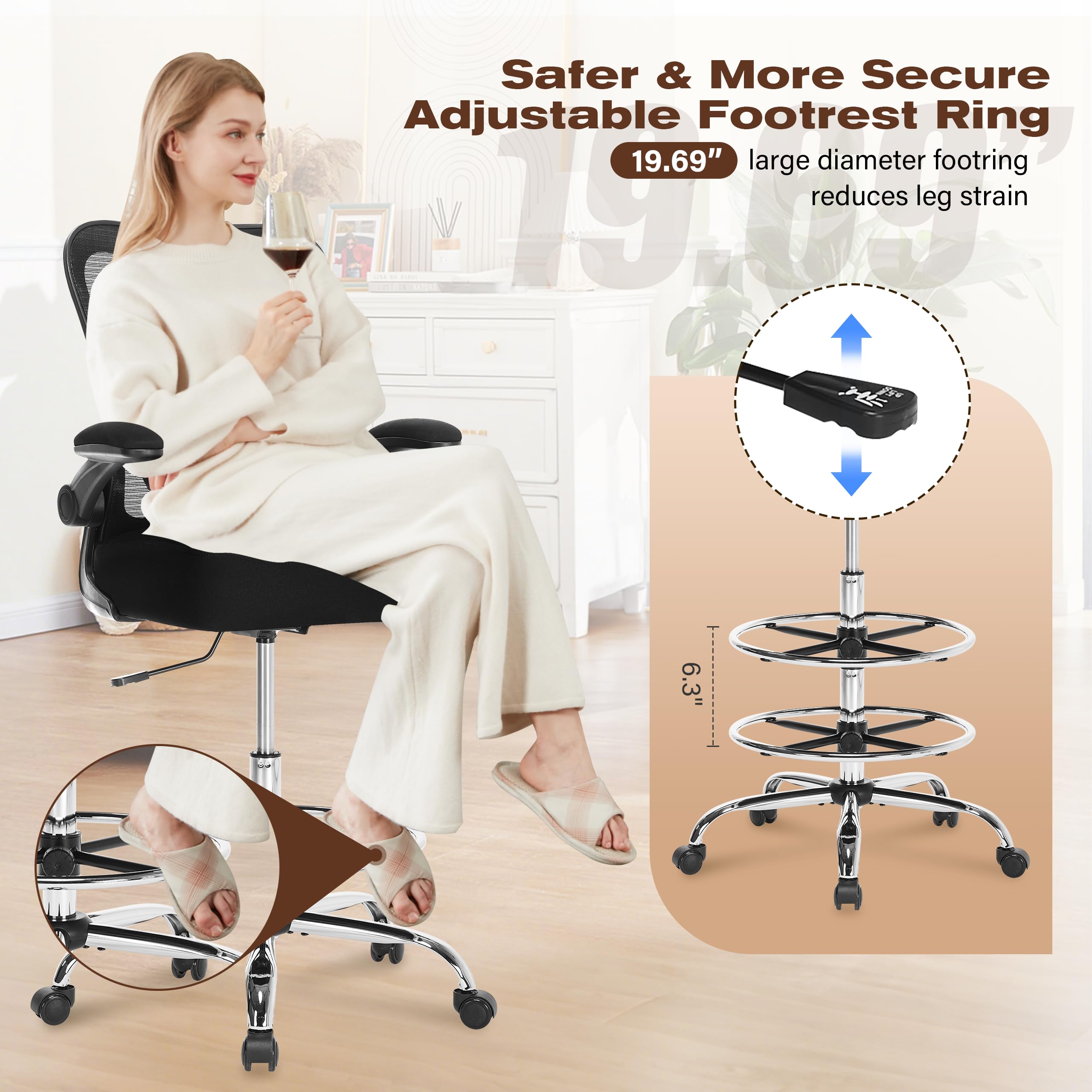 400LBS Heavy Duty Drafting Chair - Adjustable Lumbar Support & Footrest Ring, Extra Deep W-Shaped Cushion Office Chair with Breathable Mesh Back, Flip-Up Armrests for Standing Desks - Perfect for Architects, Designers & Home Office Workspaces