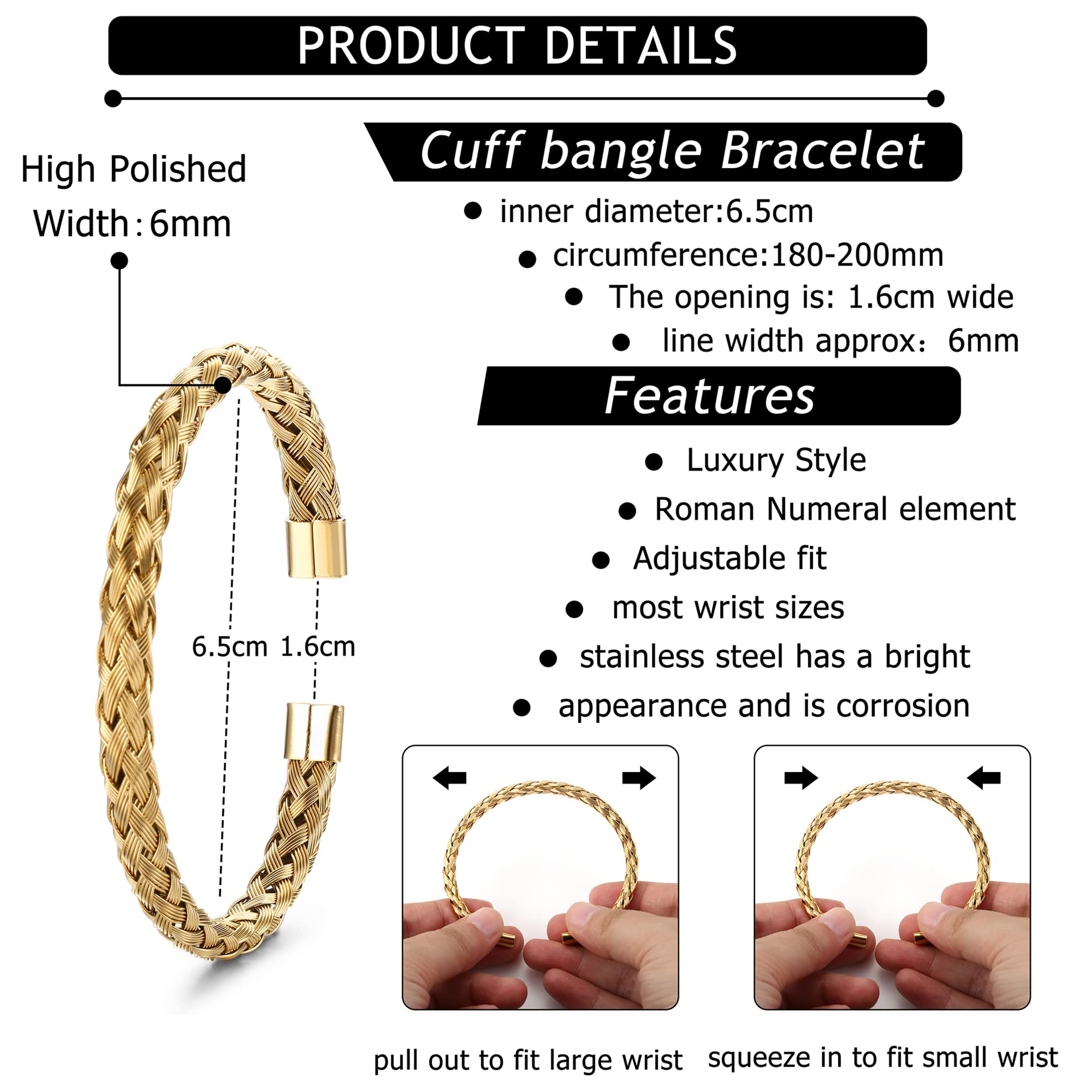 YADOCA 3Pcs Stainless Steel Bracelets for Men - Roman Numeral, Adjustable Cuff & Twisted Cable Bracelet Set in Gold/Silver/Black | Luxury Jewelry Gifts for Him | Perfect for Weddings, Anniversaries & Everyday Wear