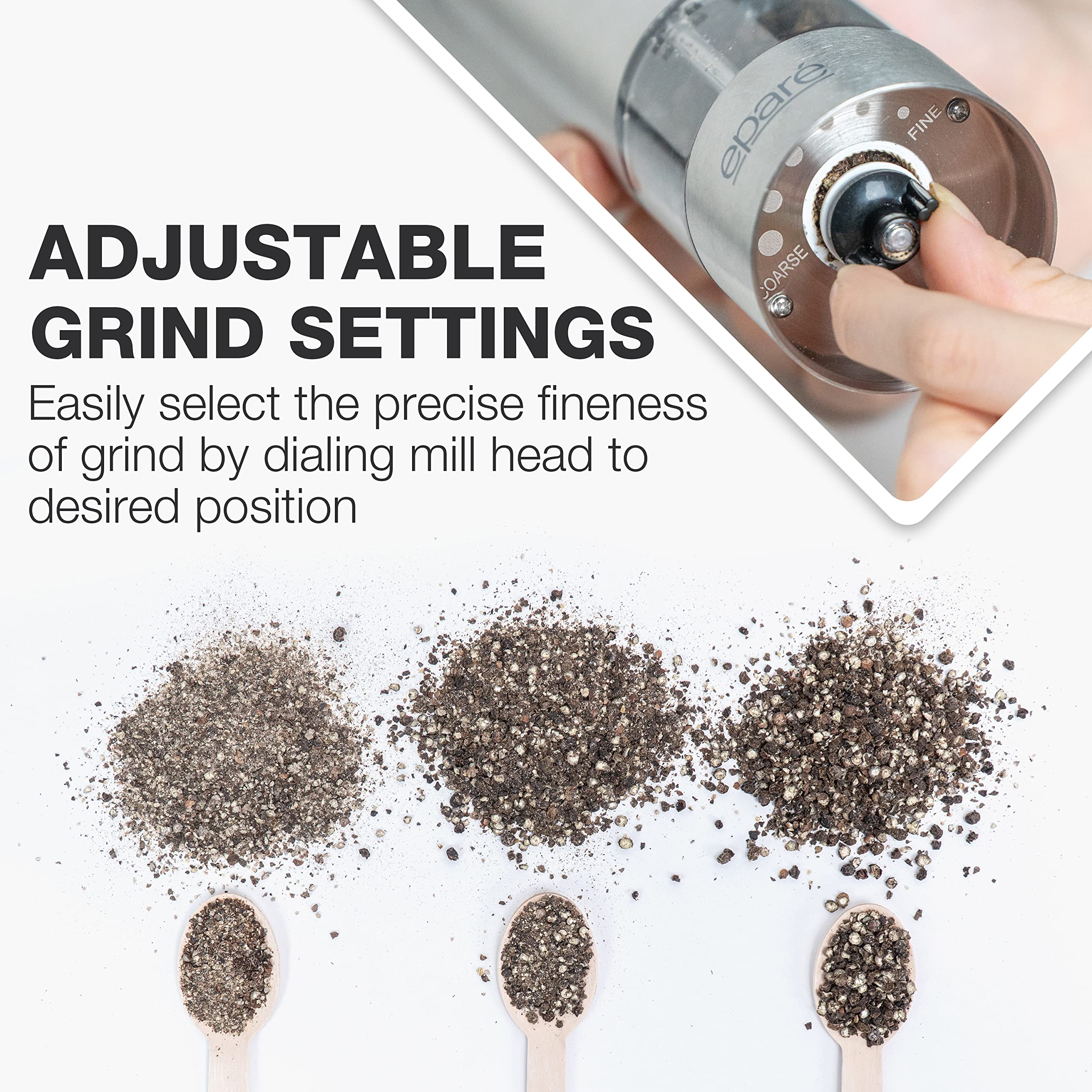 Eparé Electric Salt and Pepper Grinder with LED Light - Battery Powered Automatic One-Handed Mill - Adjustable Ceramic Burr & Refillable Stainless Steel Shaker - Perfect for Kitchen, Dining, Camping, and Gifting