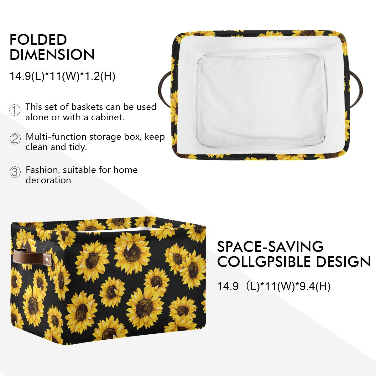 Emelivor Collapsible Sunflower Storage Bin with Handle - Waterproof Rectangle Basket for Organizing Toys, Books, Office & Bathroom Supplies | Perfect for Nursery, Closet & Shelf Storage