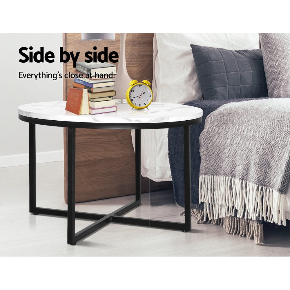 Round Black Metal Coffee Table with Marble Effect - 70X70CM Side Table for Living Room, Bedroom & Office - Modern End Table for Small Spaces