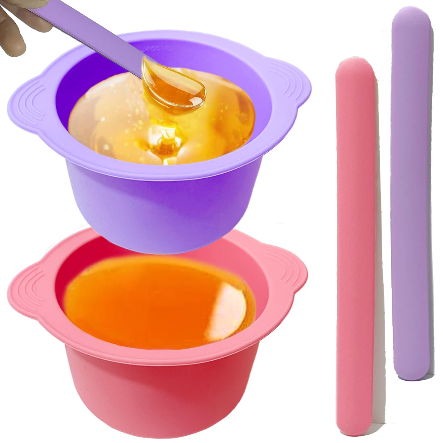 Non-Stick Silicone Wax Warmer Liner & Bowl for Hair Removal - Reusable Wax Melt Pot Replacement with 2 Spatula Sticks (Pink/Purple) - Perfect for Home Waxing, Salon Use & DIY Hair Removal
