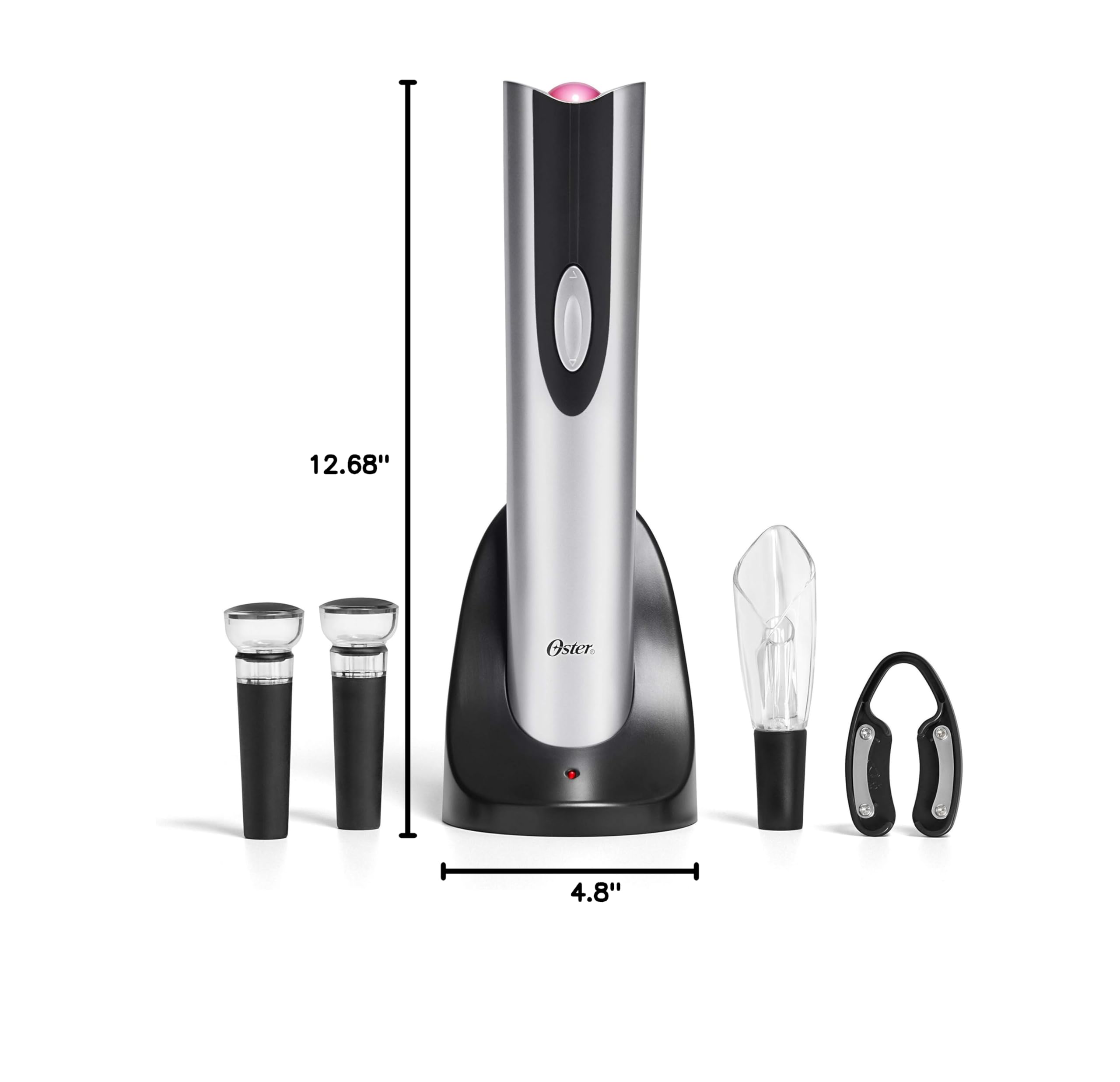 Oster Electric Wine Opener Set with Foil Cutter, Wine Pourer & Vacuum Stoppers - Includes Corkscrew & Charging Base - Perfect for Home Bars, Parties & Wine Lovers (Black)