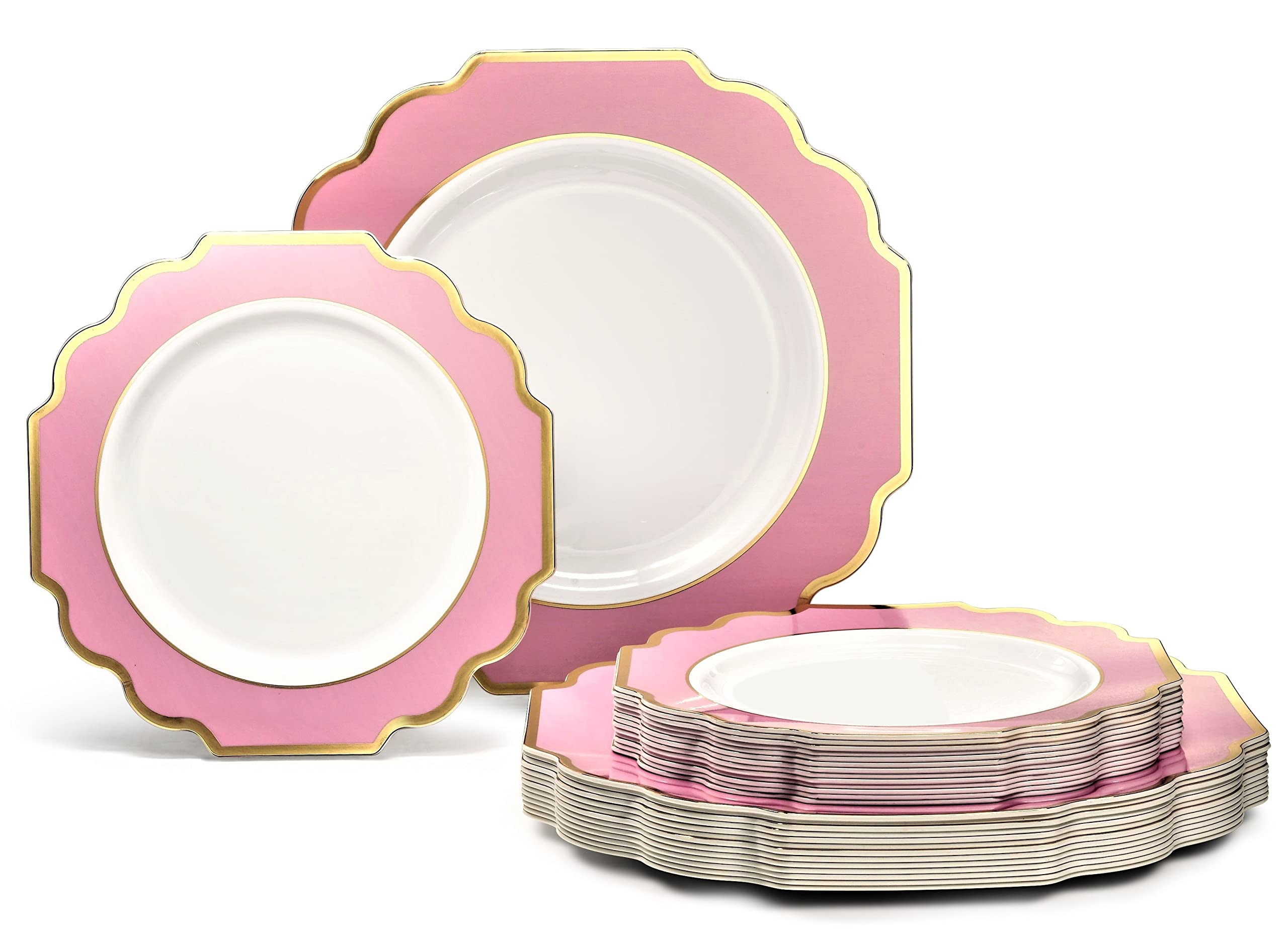 50-Pack Heavyweight Disposable Plastic Plates Set for Weddings & Parties (25x10.5'' Dinner Plates + 25x8'' Salad/Dessert Plates) - Rose Pink & Gold - Elegant Disposable Tableware for Bridal Showers, Baby Showers & Formal Events