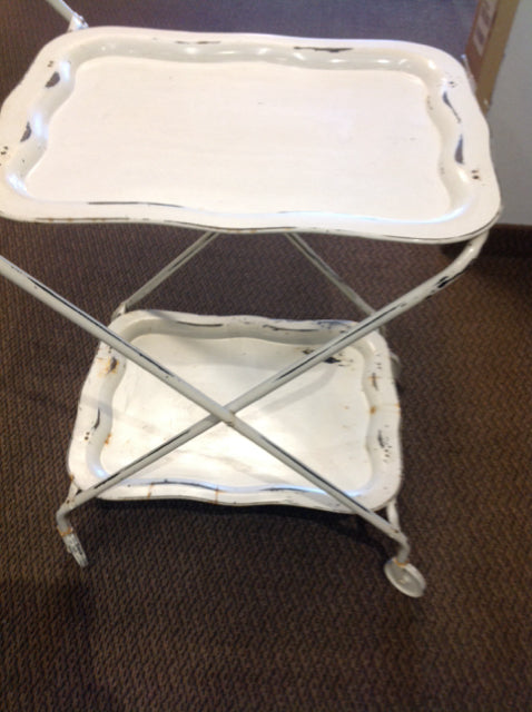 Vintage White Distressed 2-Tier Metal Serving Tray Cart - Rustic Farmhouse Kitchen Decor for Dining, Bathroom, or Living Room Storage