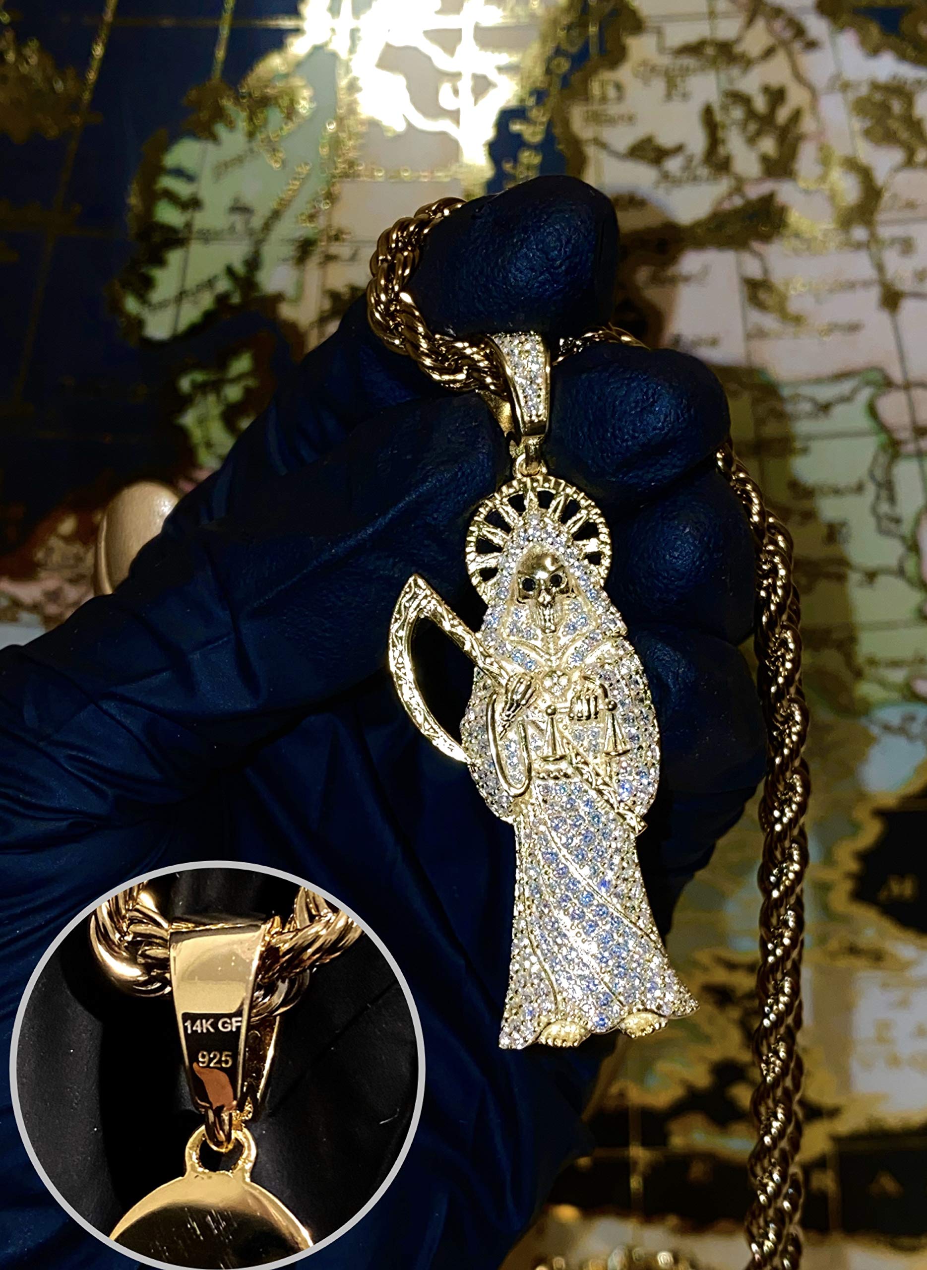 925 Sterling Silver Santa Muerte Pendant Necklace for Men & Women - Italian Gold Finish Iced Out Charm with 2mm Stainless Steel Rope Chain - Perfect for Gifts, Everyday Wear & Gothic Fashion Accessories