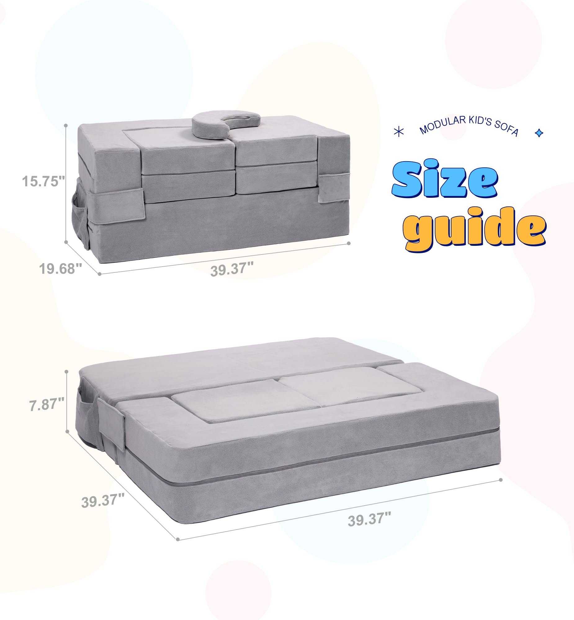Modular Kids Sofa - Convertible Toddler Couch with Foam Armchair, Foldable Plush Sofa Bed Play Set for Boys & Girls (Grey) - Perfect for Playrooms, Bedrooms & Nap Time