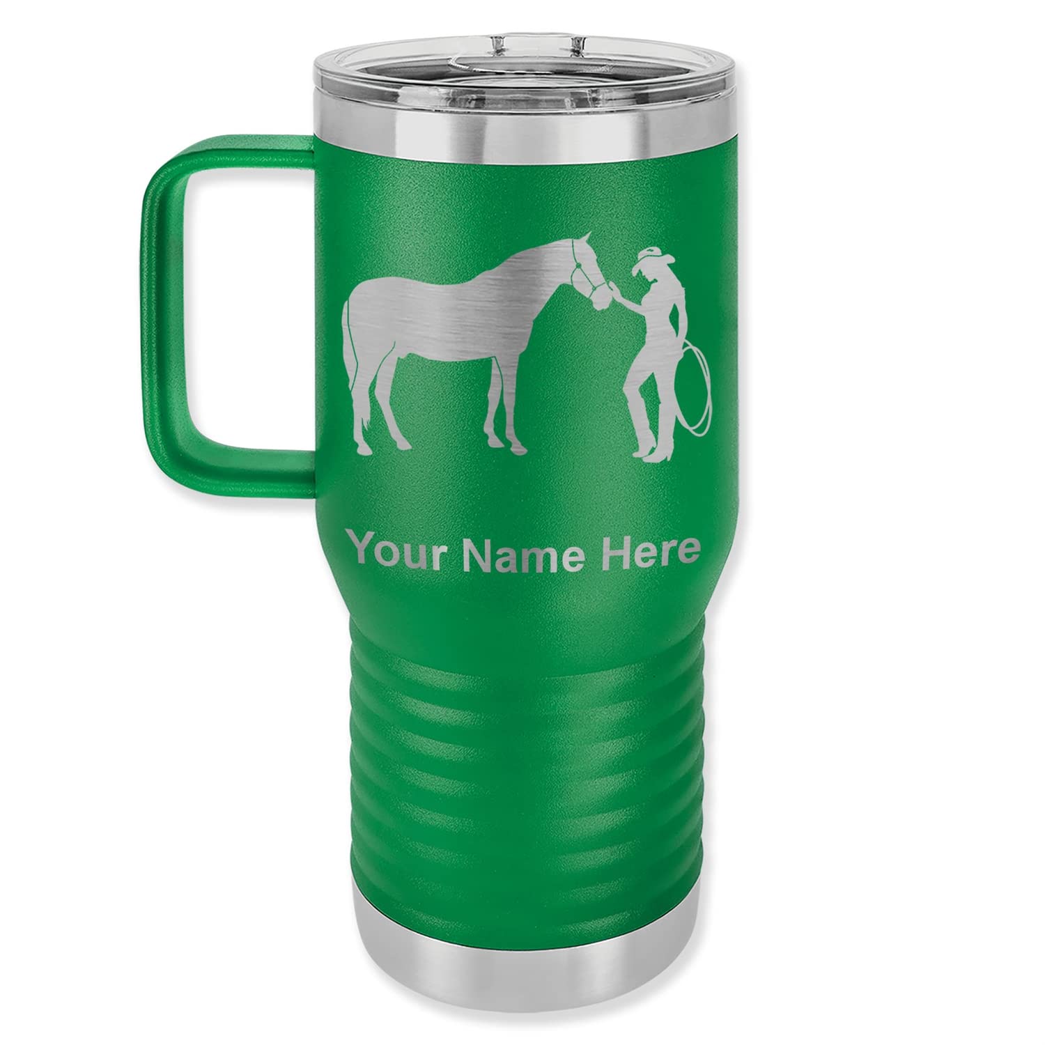 **Personalized 20oz Vacuum Insulated Travel Mug with Handle – LaserGram Engraved Horse & Cowgirl Design (Green) – Ideal for Coffee, Tea & On-the-Go Hydration**