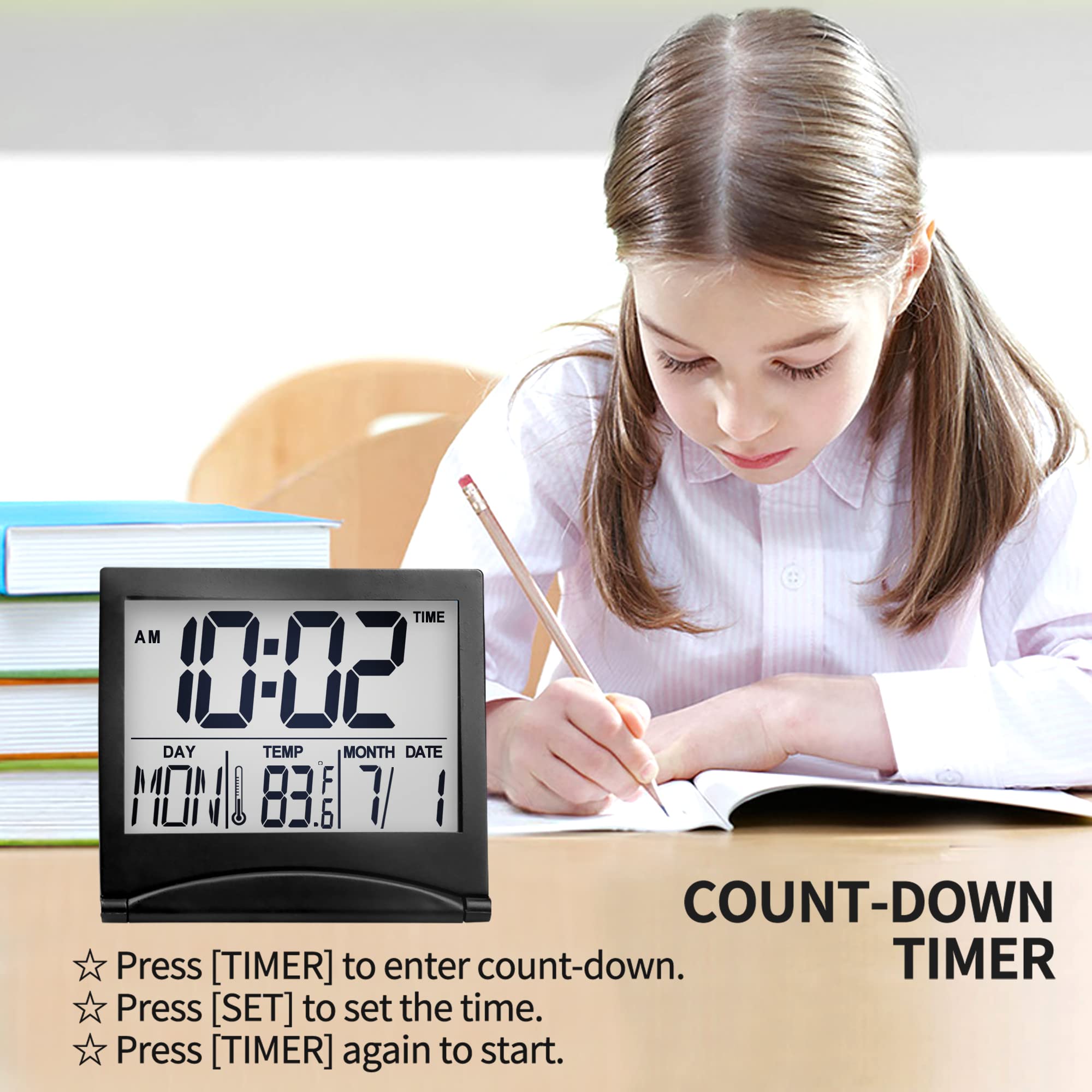 Betus Digital Travel Alarm Clock - Foldable LCD Desk Clock with Calendar, Temperature & Timer, Snooze Mode - Large Display Battery Operated Compact Clock for Home, Office, Travel (Black) - Perfect for Bedrooms, Dorms, Nightstands & Luggage