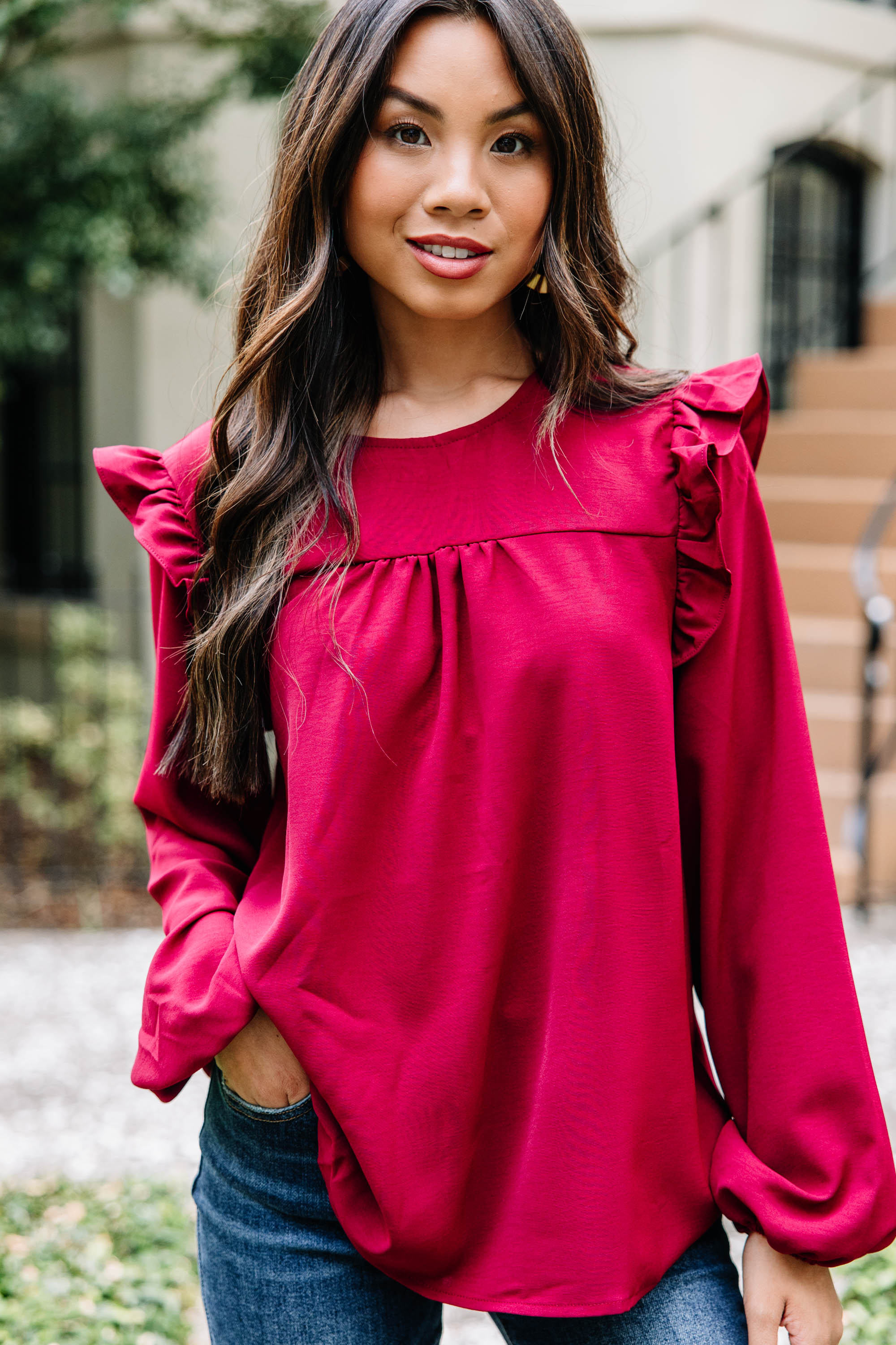 Elegant Wine Red Ruffled Blouse for Women - Chic Office & Evening Party Wear
