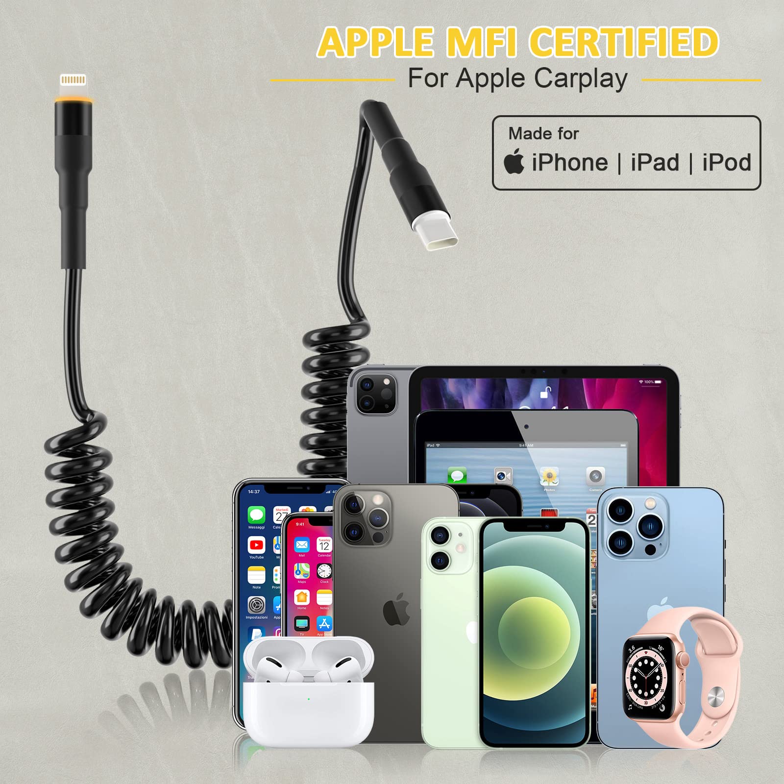 MFi Certified Coiled USB-C to Lightning Cable - Fast Charging & Data Sync for iPhone 14/13/12/11/X/8, iPad & iPod - Retractable Apple CarPlay Cord with LED Indicator - Perfect for Car, Home & Office Use