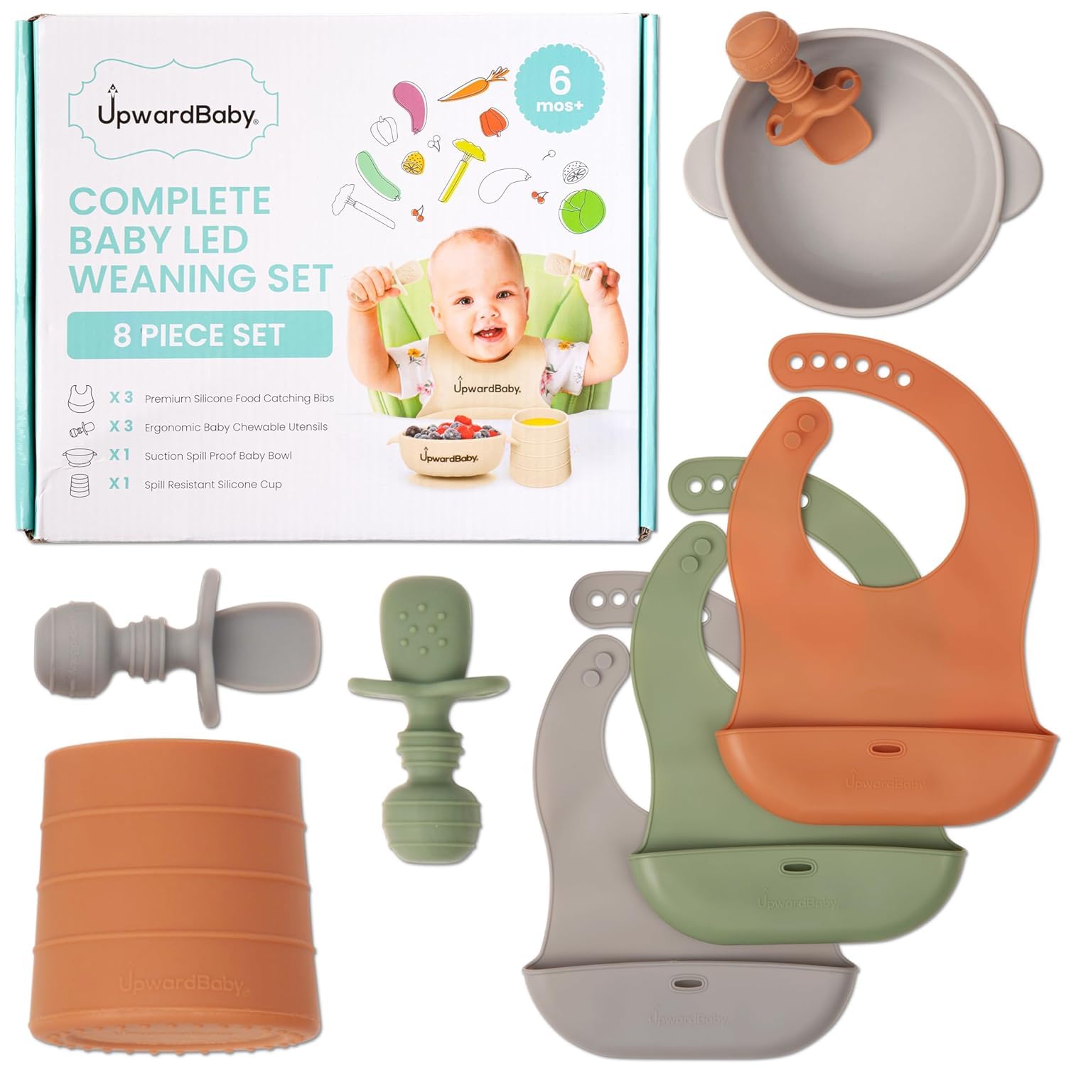 **Baby Led Weaning Supplies for 6-12 Months - First Solids Feeding Set with Suction Bowls, Plates, Toddler Spoons & Cup + Silicone Bibs - Self Feeding Essentials for Infants - Perfect for Mess-Free Mealtime at Home or On-the-Go**
