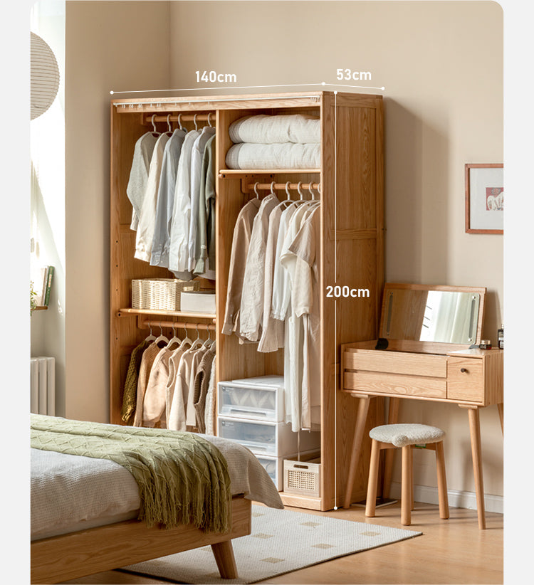 Oak Solid Wood Wardrobe with Curtain Design - Elegant Closet Storage for Bedroom, Living Room & Dorm Organization