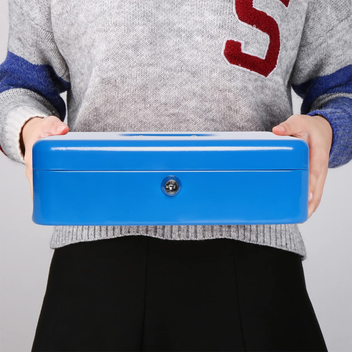 Durable Metal Cash Box with Key Lock & Money Tray - Secure Cash Storage Safe with Security Cable for Home, Office & Retail Use (Blue)