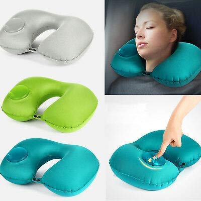 APURK Portable Push Button Inflatable U-Shaped Neck Pillow for Travel - Auto Inflating Neck Support for Airplane, Car, Office & Camping Use