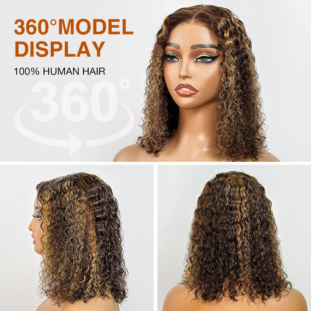 Lettie Wear and Go Glueless Wigs Human Hair Pre Plucked Precut - P4/27 Highlight Ombre Honey Blonde Curly Bob Wig - 200% Density 5x5 Lace Closure - Natural Hairline for Women (16 inch) - Perfect for Daily Wear, Parties & Special Occasions