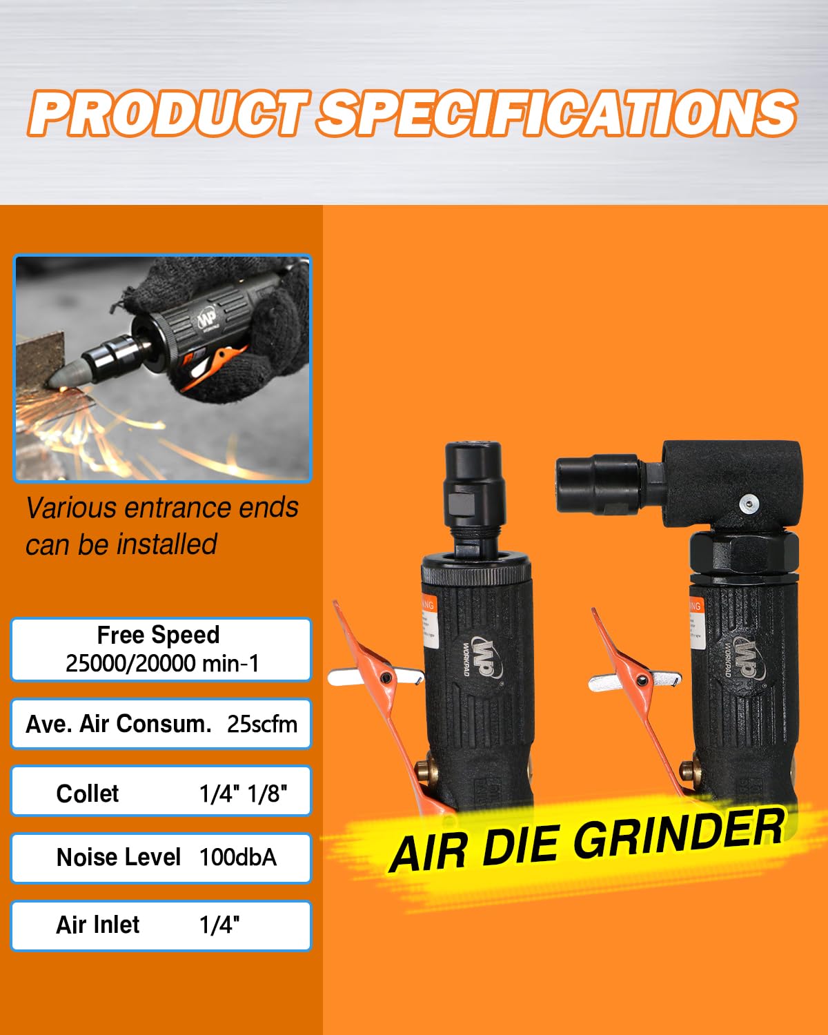 WORKPAD 12-Piece Air Die Grinder Kit with Straight & Angled Grinders, 1/4