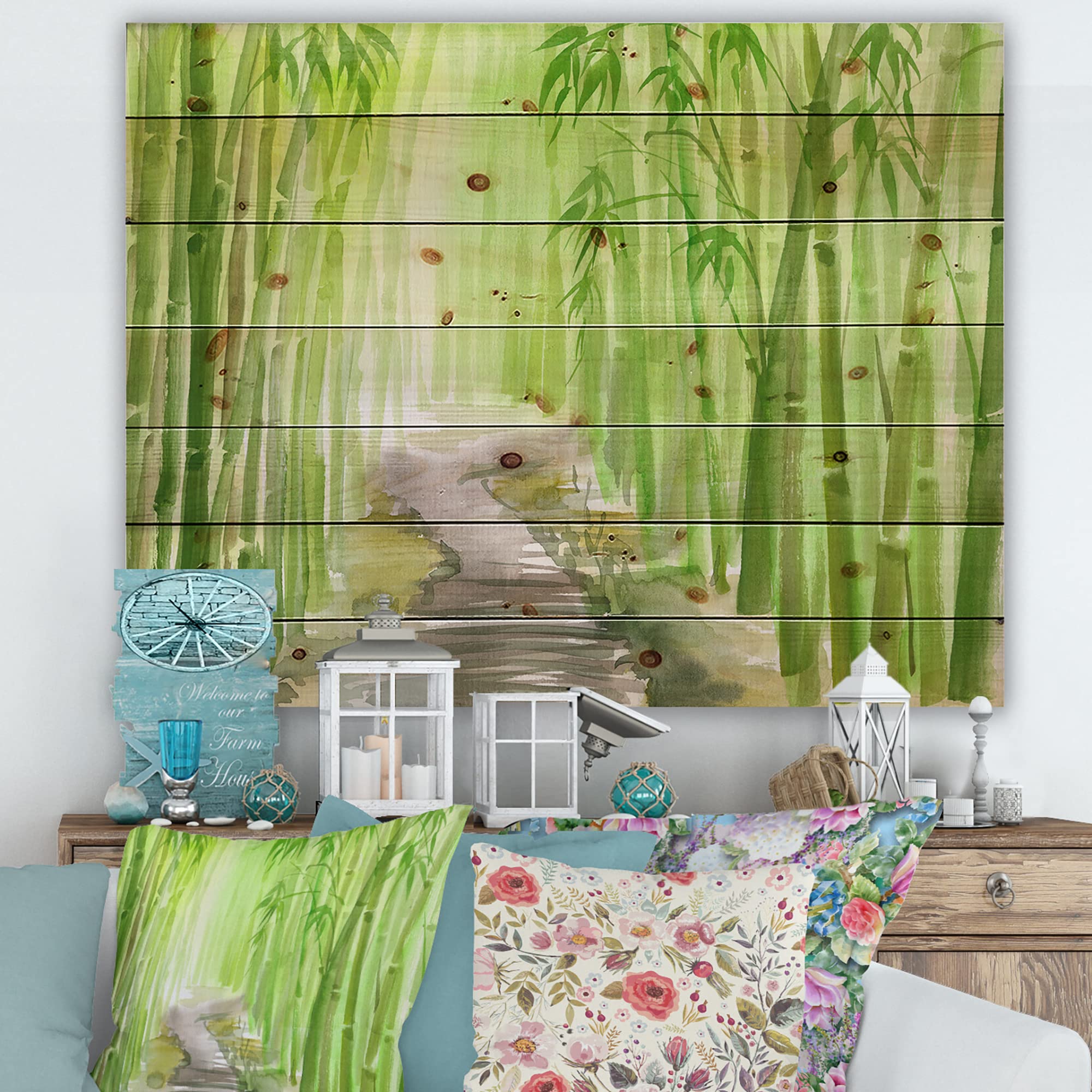DesignQ Green Bamboo Forest Traditional Wood Wall Decor - Handcrafted Pine Wood Art Panel with Landscape Print - Perfect for Living Room, Bedroom & Office Decoration