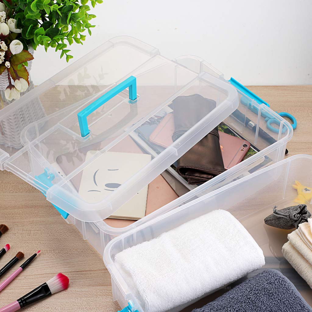 BTSKY 2 Layer Stackable Plastic Storage Box with Handle - Portable Organizer for Stationery, Art Supplies, Jewelry & Beauty Products - Perfect for Home, Office & Craft Room Organization (Blue)