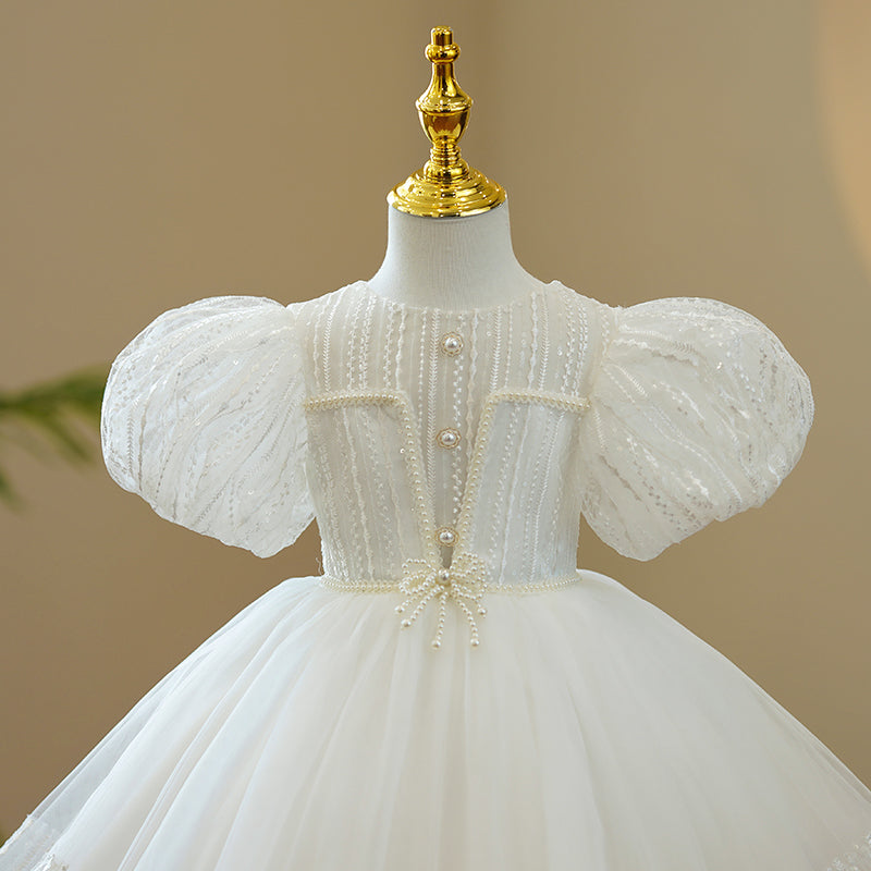 Baby Girl & Toddler White Puff Sleeve Beaded Christening Dress - Elegant Baptism Gown for First Communion, Photography & Special Occasions