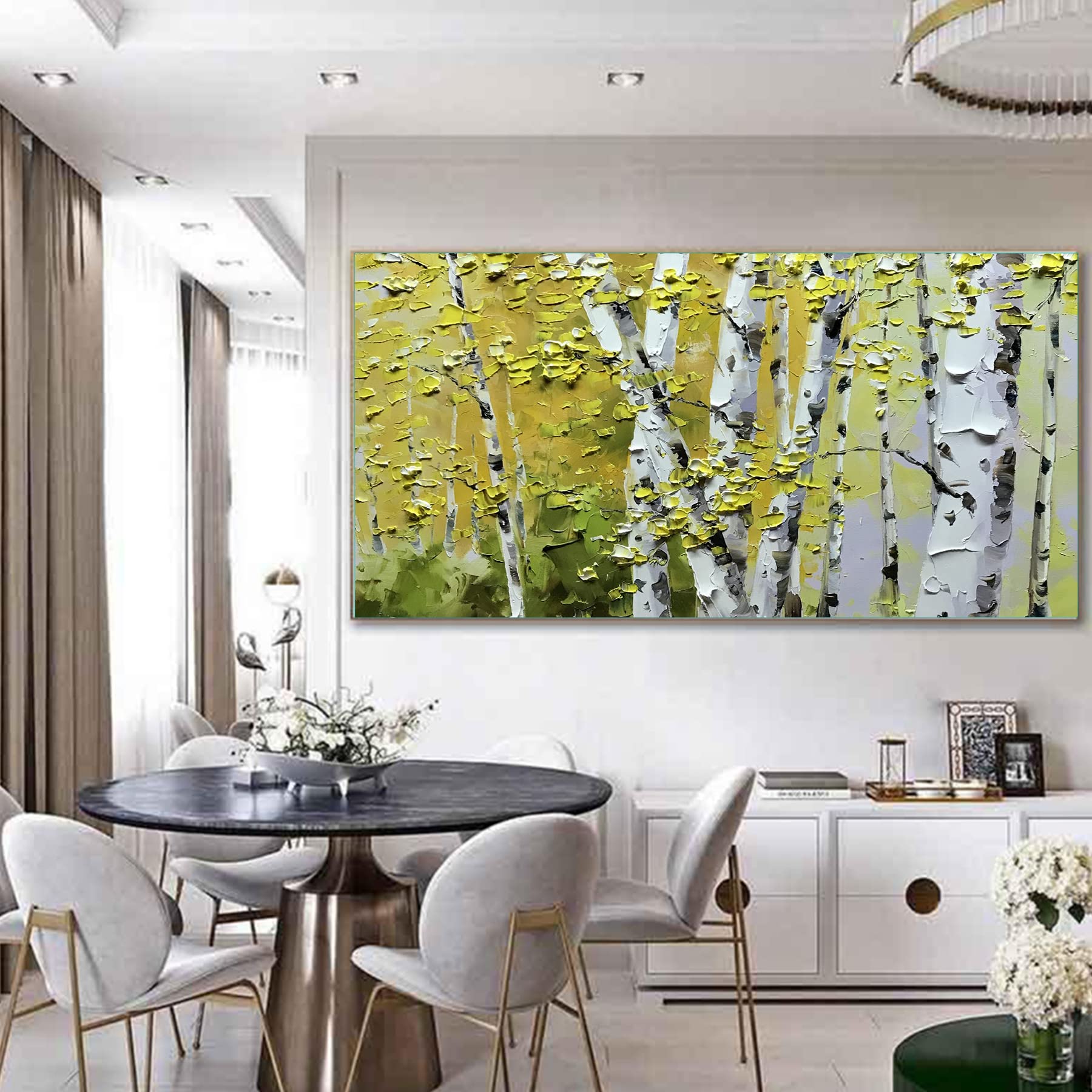 Original Hand-Painted Birch Trees Oil Painting on Canvas - 48x24 Inch Unframed Wall Art for Living Room, Bedroom & Office Decor | Forest Landscape Abstract Artwork