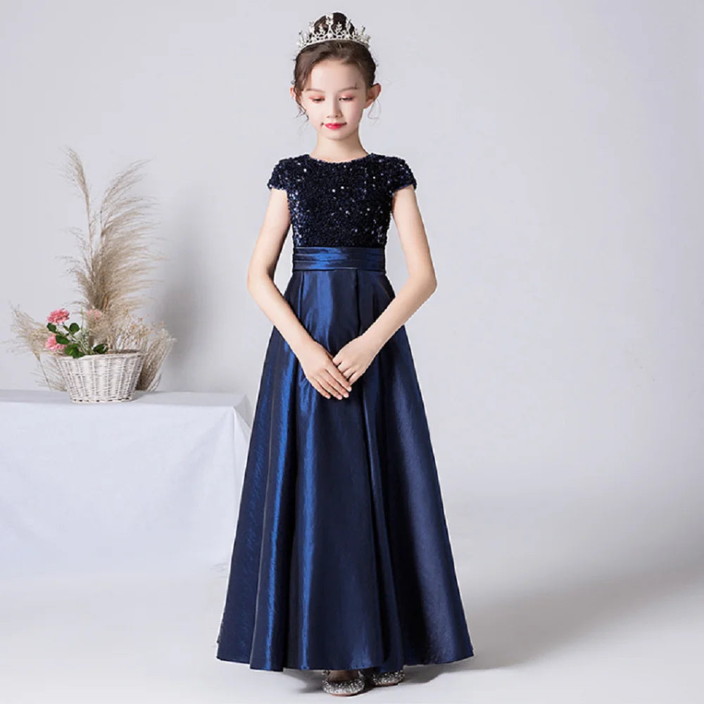 Sparkly Sequin Satin Princess Gown with Detachable Sash - Elegant Kids Birthday Party Dress for Girls, Pageant, Photo Shoot & Special Occasions